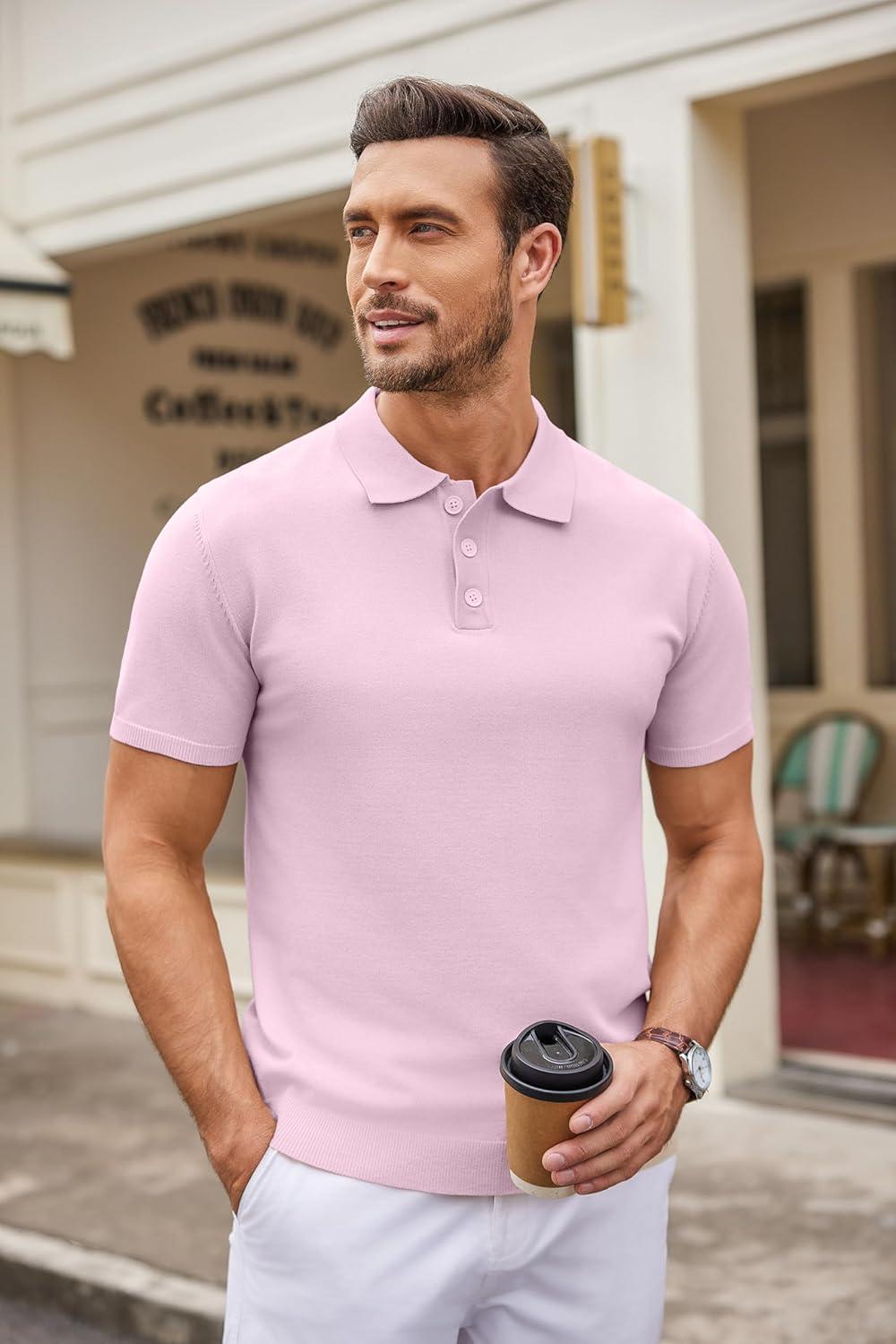 imageCOOFANDY Mens Knit Polo Shirts Casual Short Sleeve Button Down Polo Shirt Classic Golf ShirtsPink