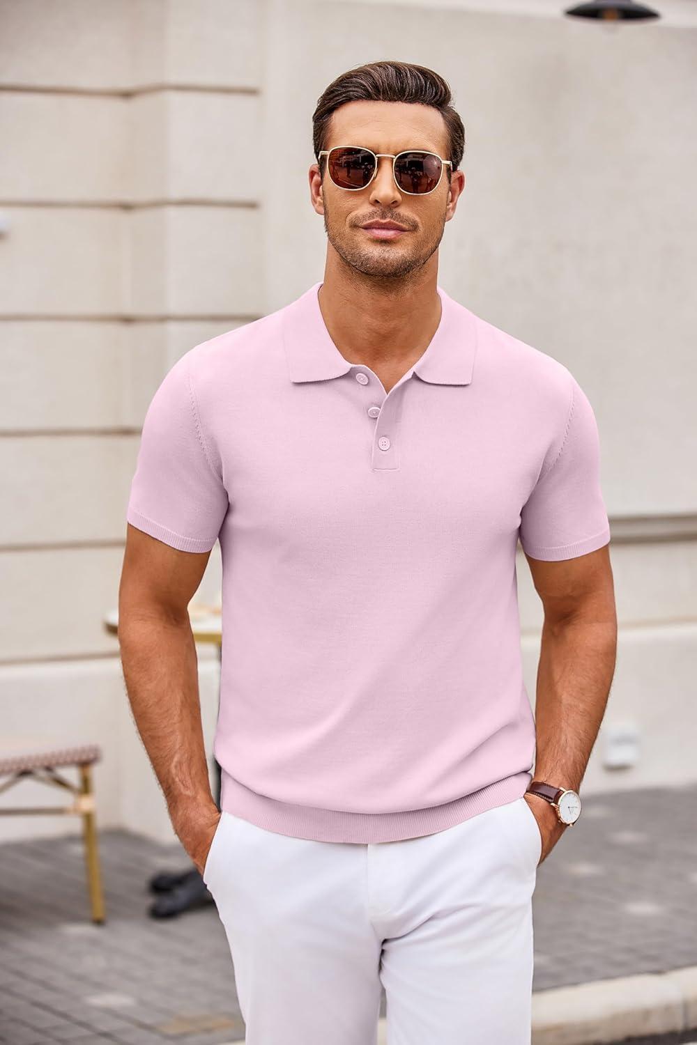 imageCOOFANDY Mens Knit Polo Shirts Casual Short Sleeve Button Down Polo Shirt Classic Golf ShirtsPink