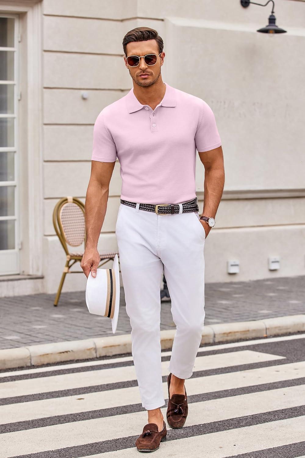 imageCOOFANDY Mens Knit Polo Shirts Casual Short Sleeve Button Down Polo Shirt Classic Golf ShirtsPink