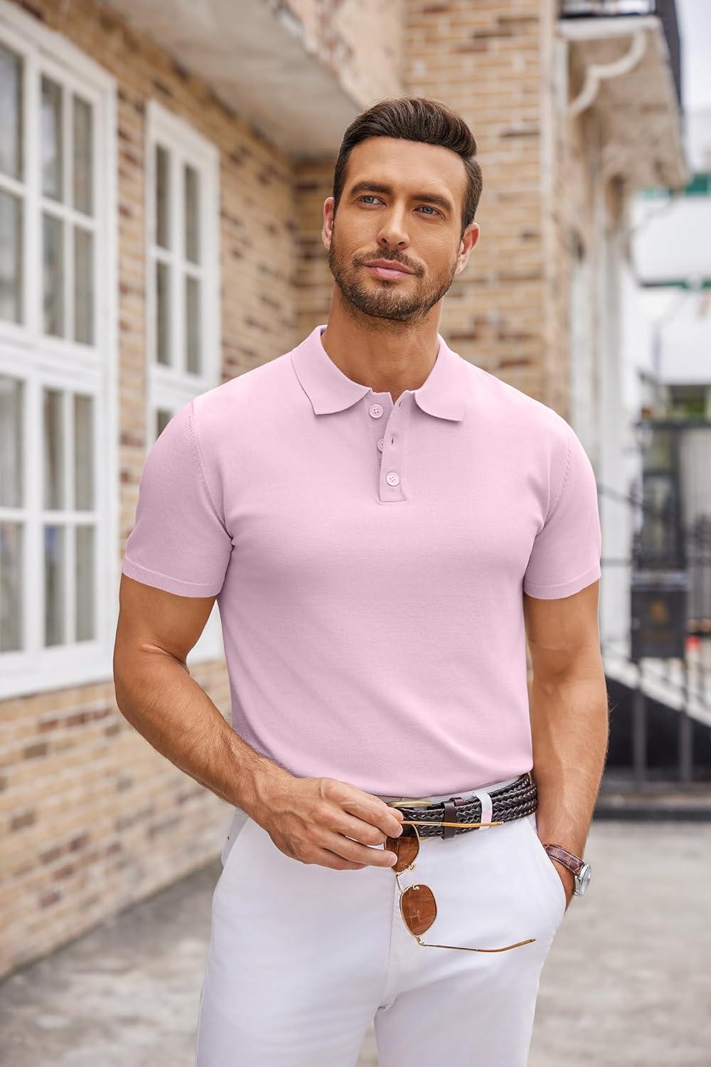 imageCOOFANDY Mens Knit Polo Shirts Casual Short Sleeve Button Down Polo Shirt Classic Golf ShirtsPink
