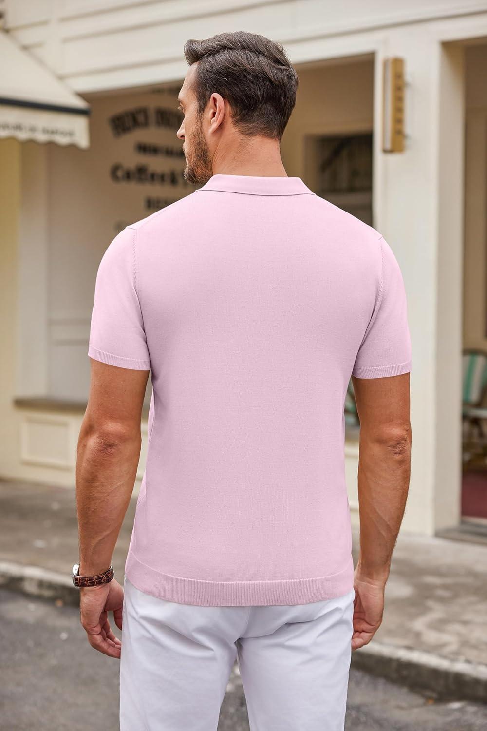 imageCOOFANDY Mens Knit Polo Shirts Casual Short Sleeve Button Down Polo Shirt Classic Golf ShirtsPink