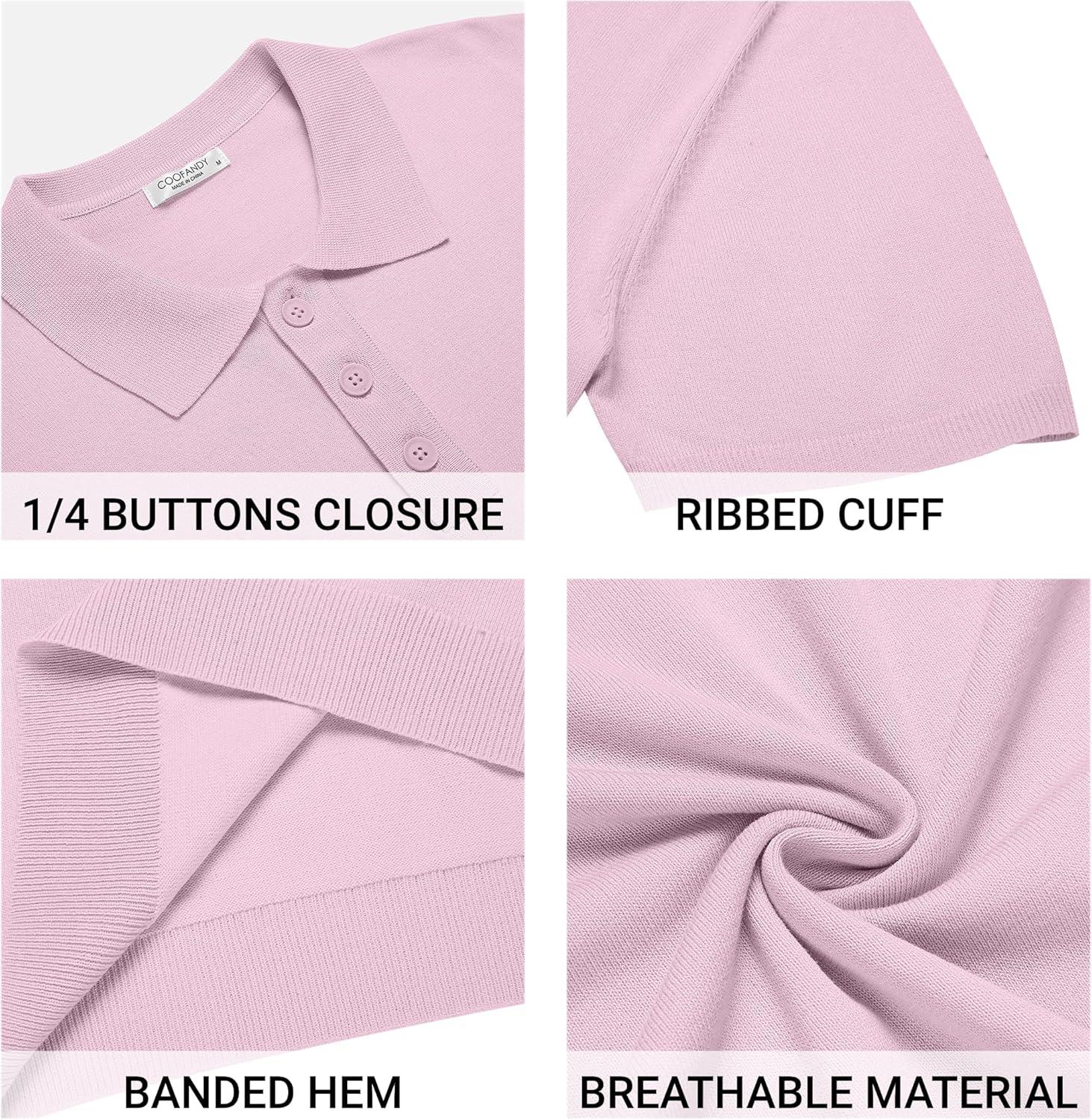 imageCOOFANDY Mens Knit Polo Shirts Casual Short Sleeve Button Down Polo Shirt Classic Golf ShirtsPink