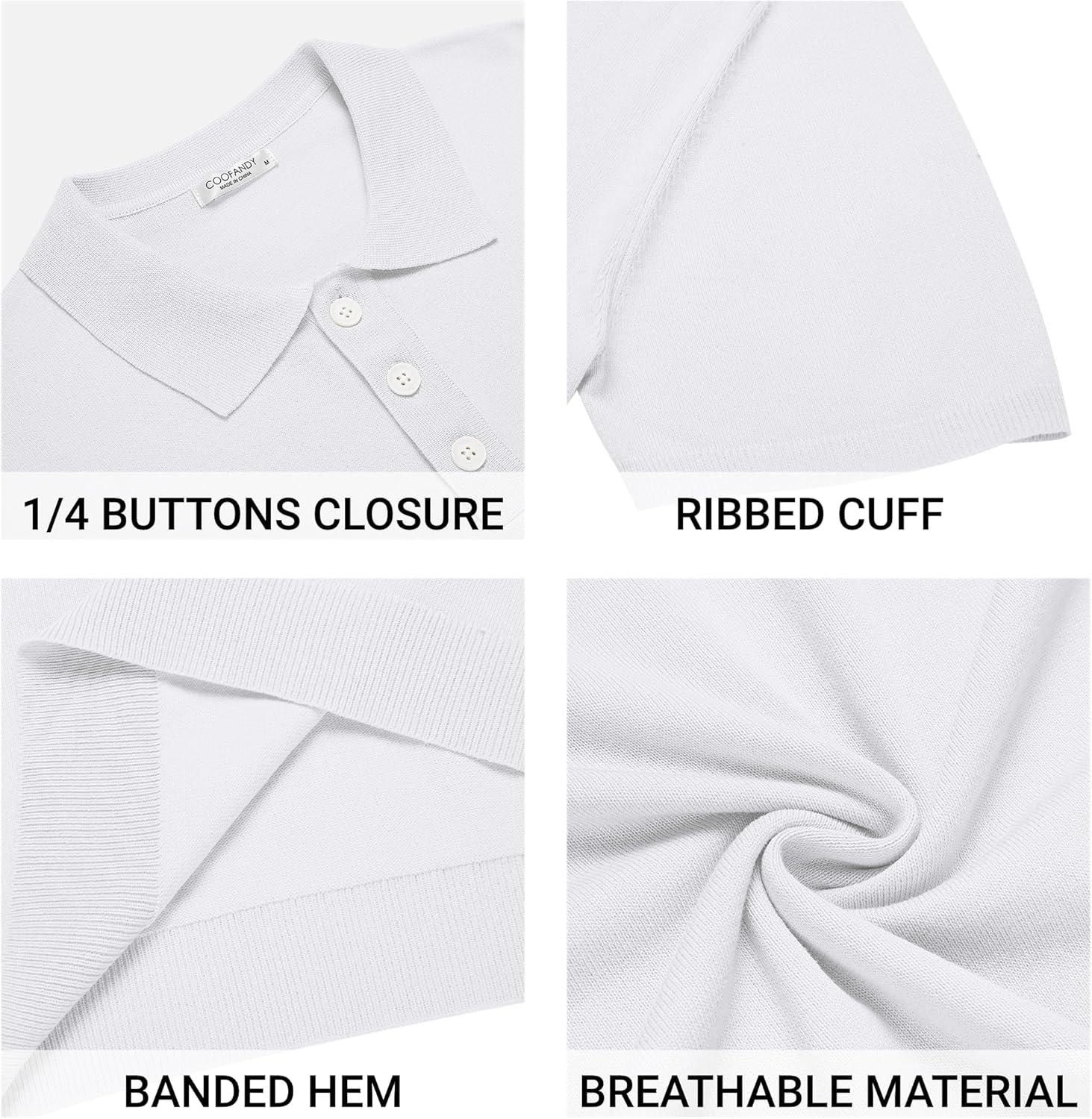 imageCOOFANDY Mens Knit Polo Shirts Casual Short Sleeve Button Down Polo Shirt Classic Golf ShirtsWhite