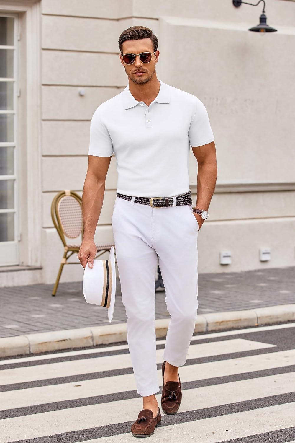 imageCOOFANDY Mens Knit Polo Shirts Casual Short Sleeve Button Down Polo Shirt Classic Golf ShirtsWhite