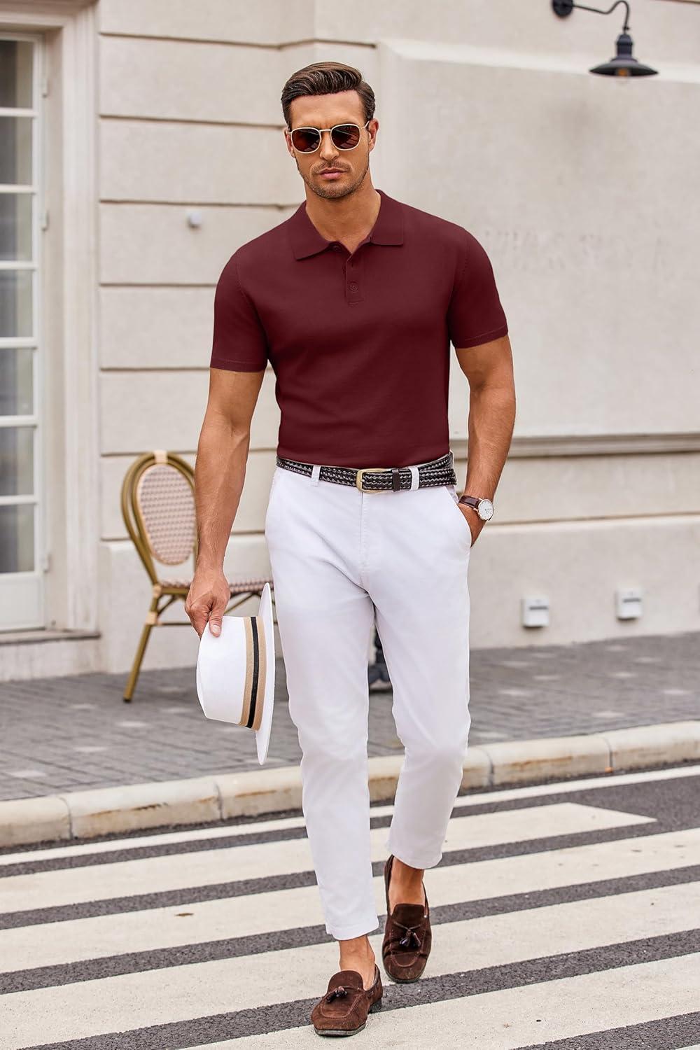 imageCOOFANDY Mens Knit Polo Shirts Casual Short Sleeve Button Down Polo Shirt Classic Golf ShirtsWine Red