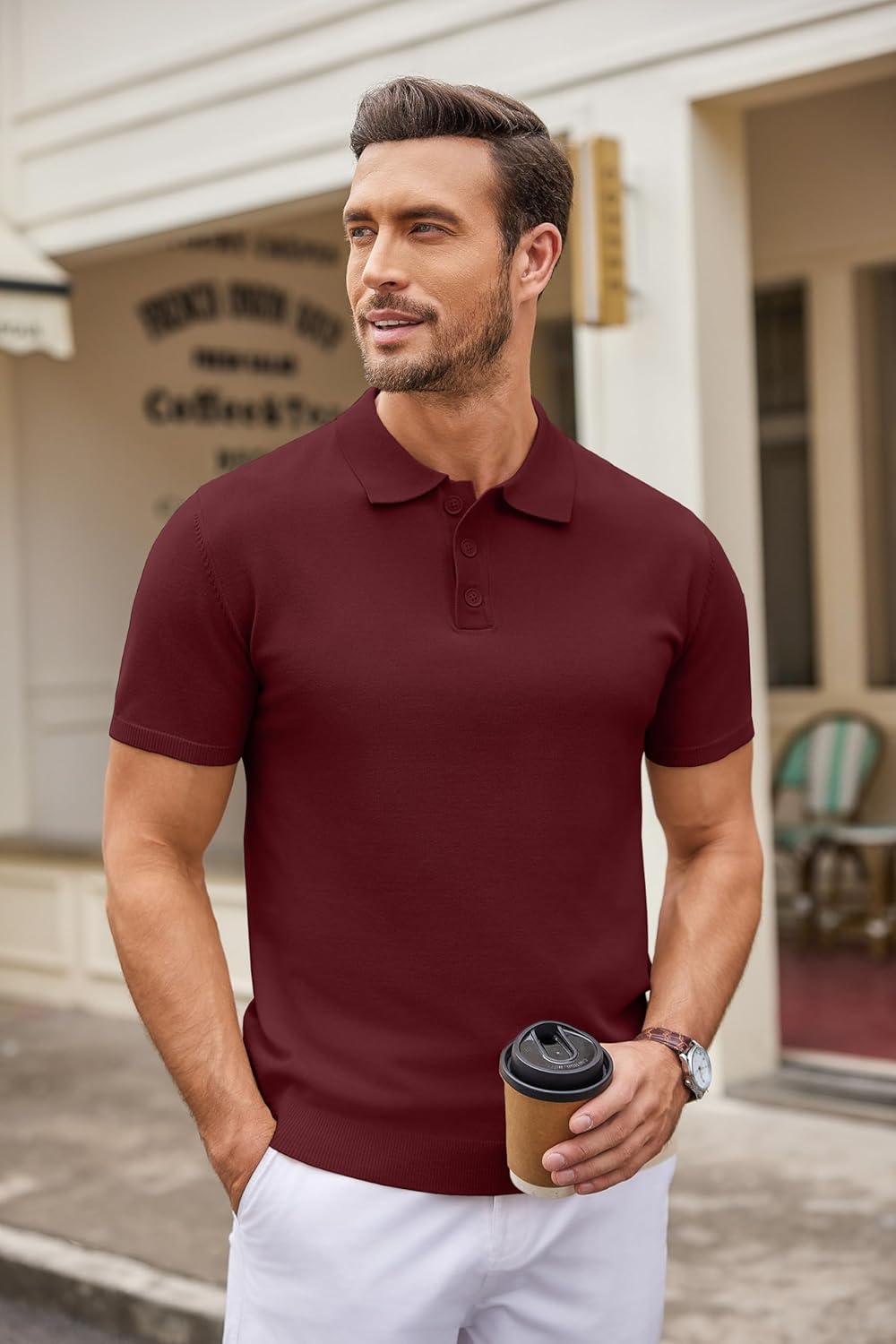 imageCOOFANDY Mens Knit Polo Shirts Casual Short Sleeve Button Down Polo Shirt Classic Golf ShirtsWine Red