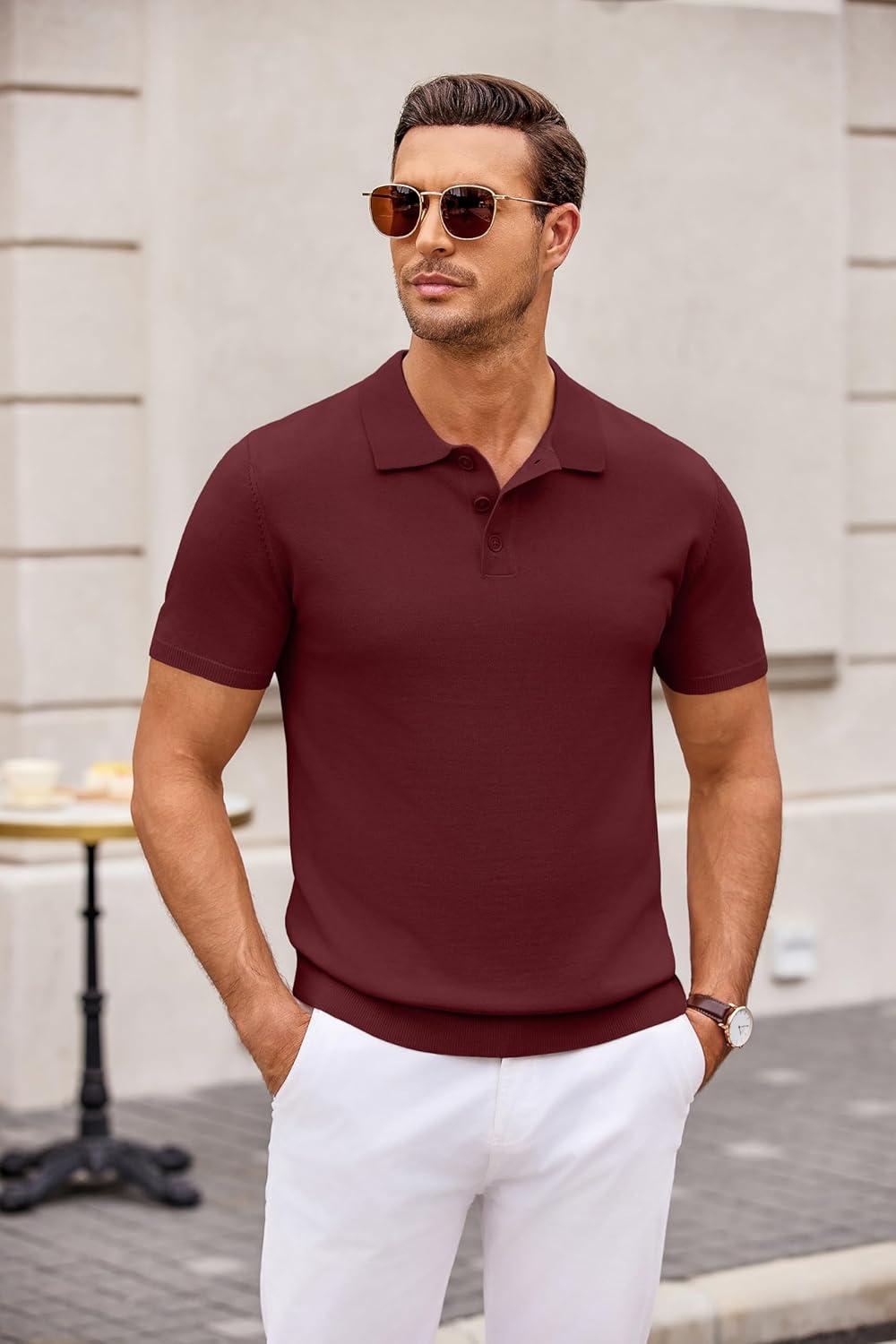 imageCOOFANDY Mens Knit Polo Shirts Casual Short Sleeve Button Down Polo Shirt Classic Golf ShirtsWine Red