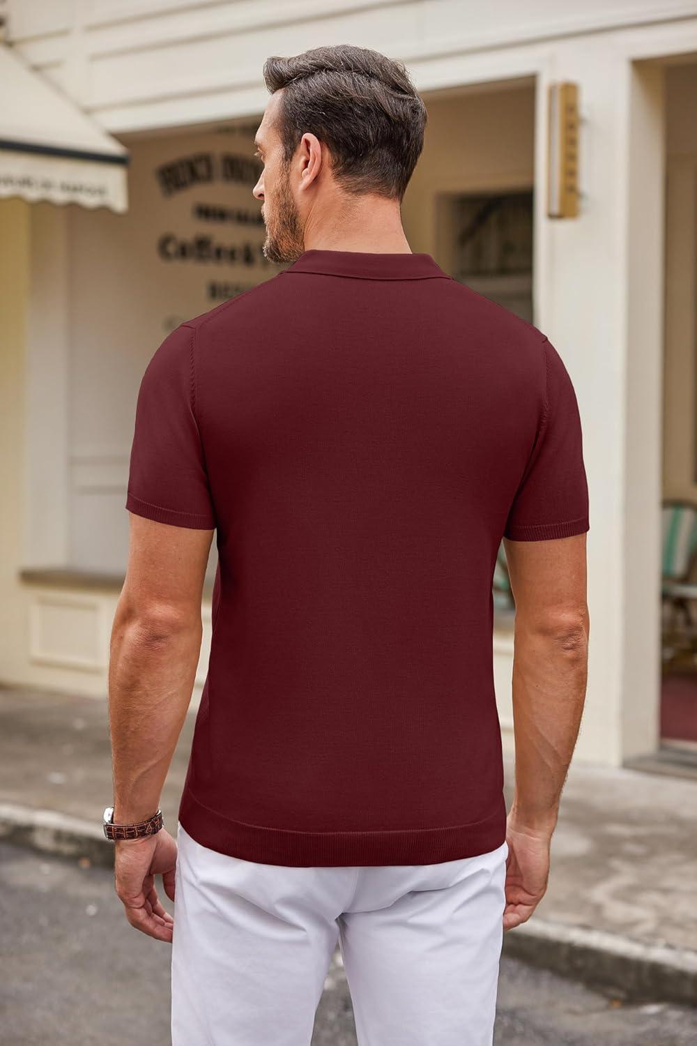 imageCOOFANDY Mens Knit Polo Shirts Casual Short Sleeve Button Down Polo Shirt Classic Golf ShirtsWine Red