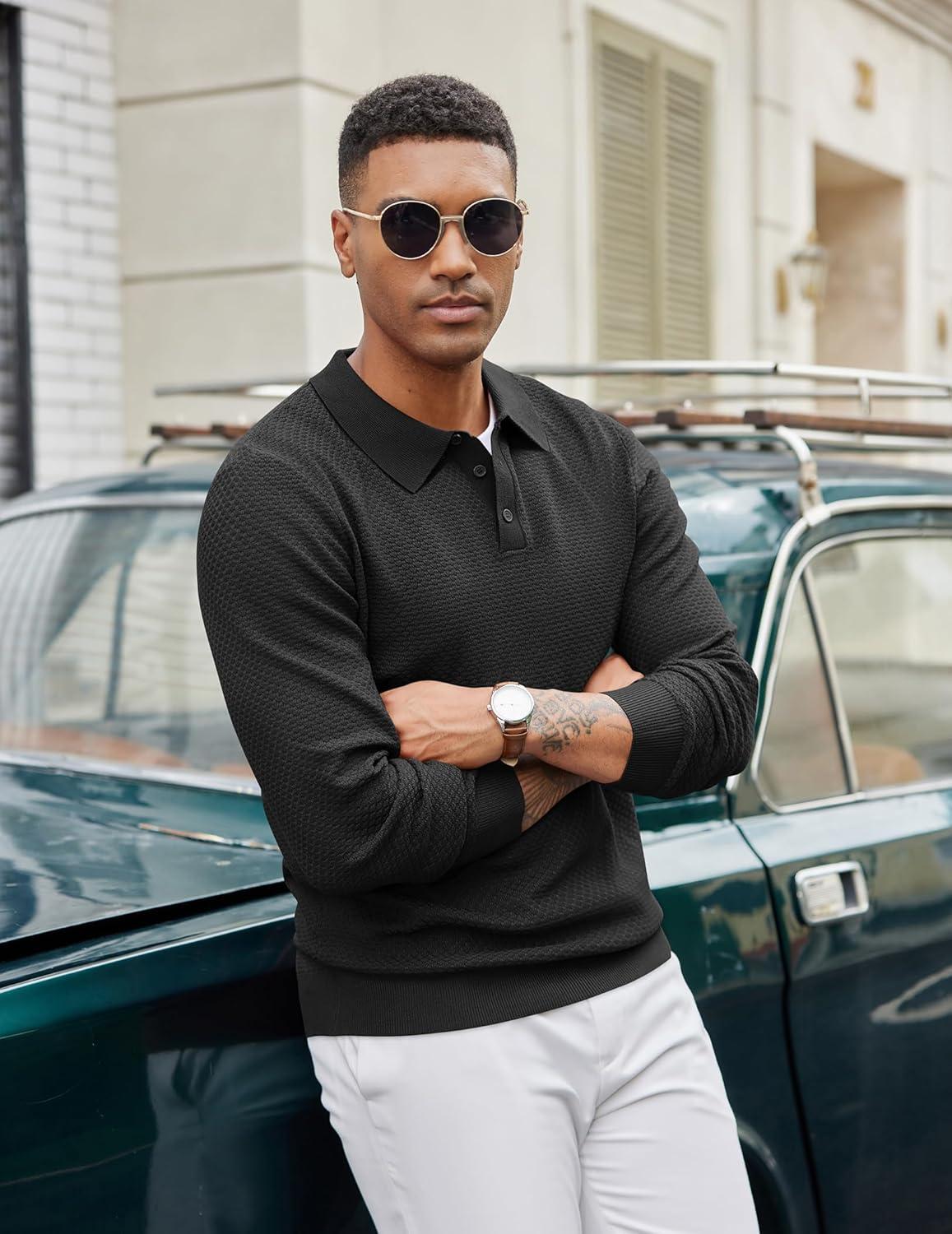 imageCOOFANDY Mens Knit Polo Sweater Long Sleeve Casual Collared Quarter Button Golf Waffle Textured SweaterBlack