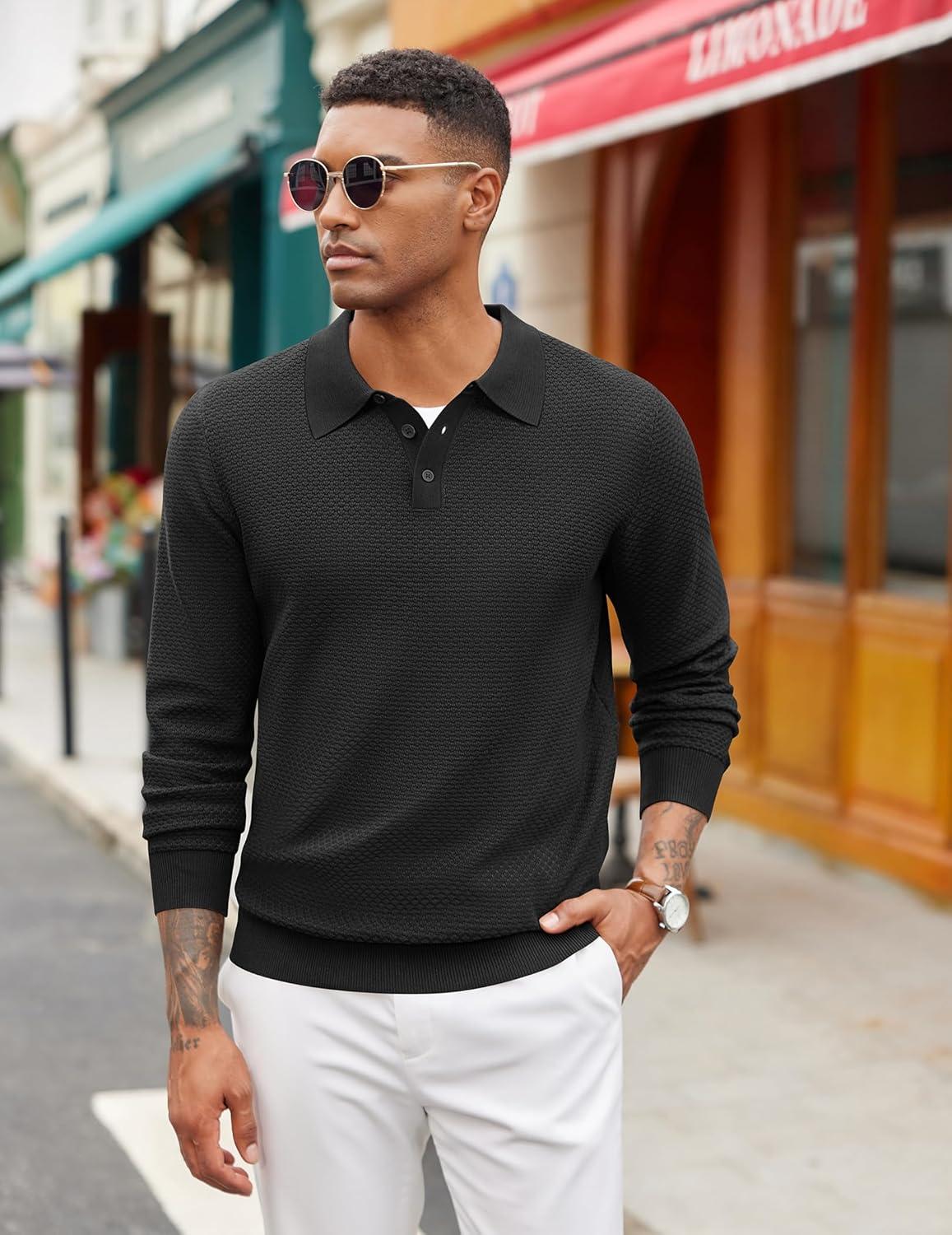 imageCOOFANDY Mens Knit Polo Sweater Long Sleeve Casual Collared Quarter Button Golf Waffle Textured SweaterBlack