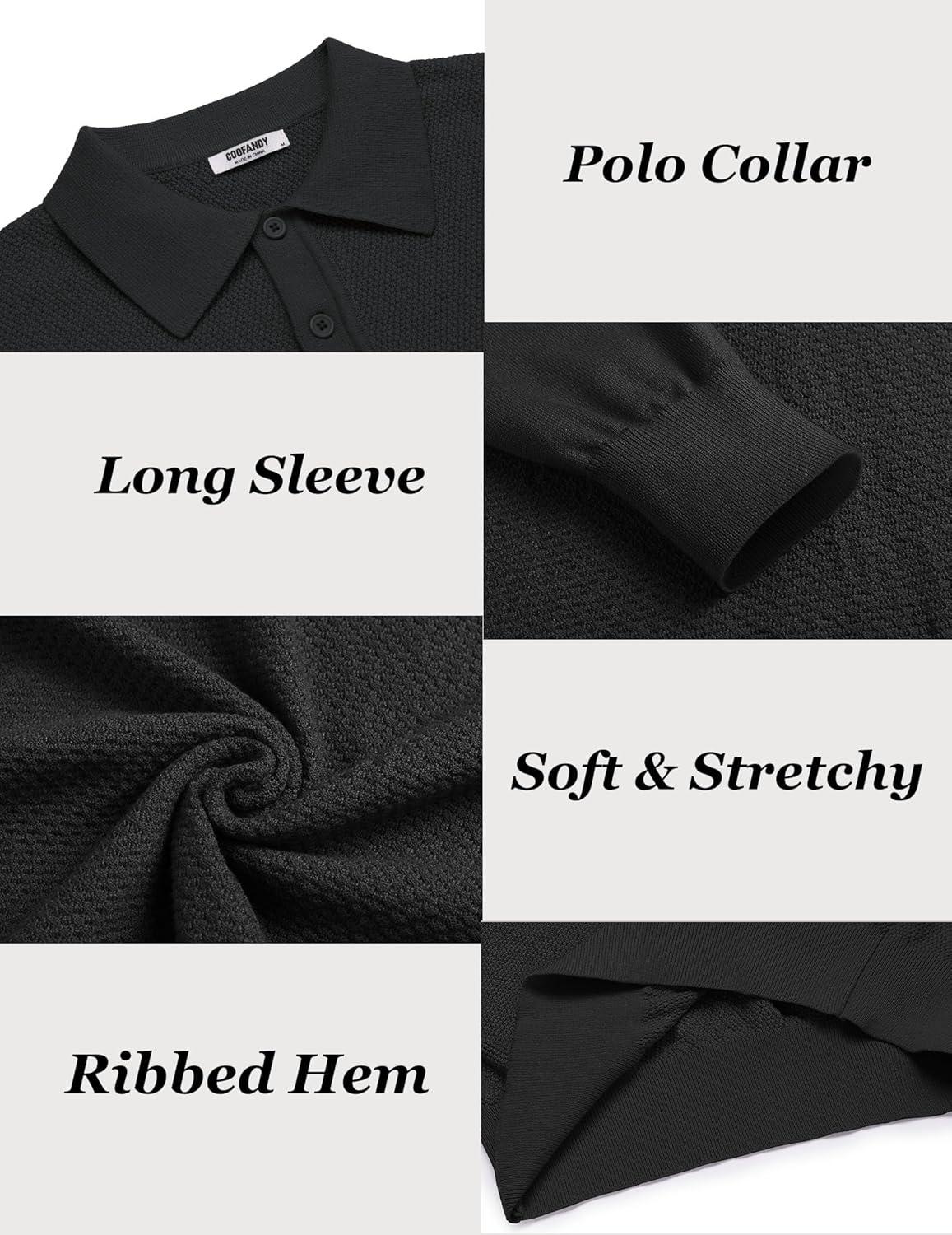 imageCOOFANDY Mens Knit Polo Sweater Long Sleeve Casual Collared Quarter Button Golf Waffle Textured SweaterBlack