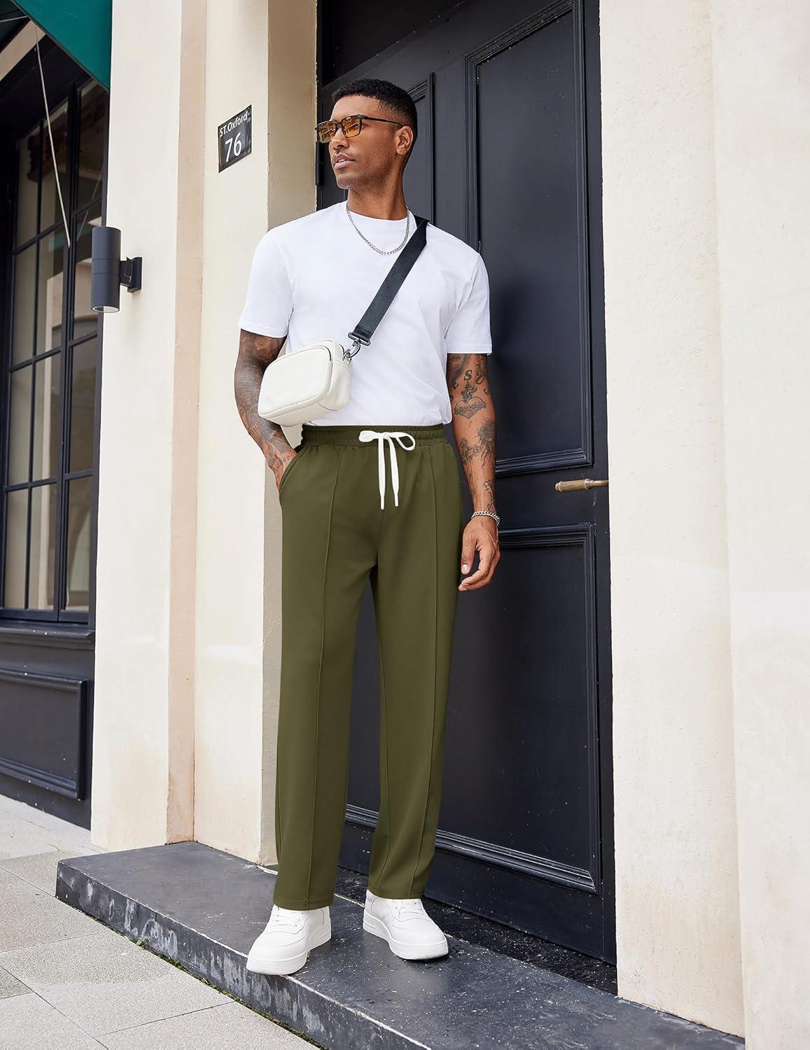 imageCOOFANDY Mens Knit Sweatpants Lightweight Open Bottom Casual Pants Drawstring Jogger Yoga Pants with PocketsArmy Green