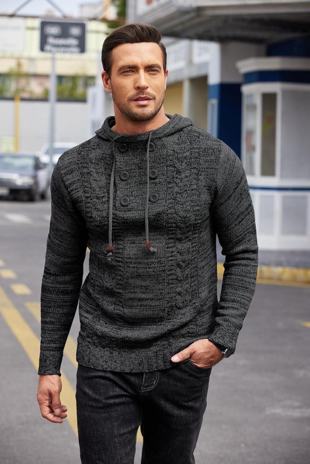 imageCOOFANDY Mens Knitted Hoodies Pullover Casual Long Sleeve Turtleneck SweatersBlack