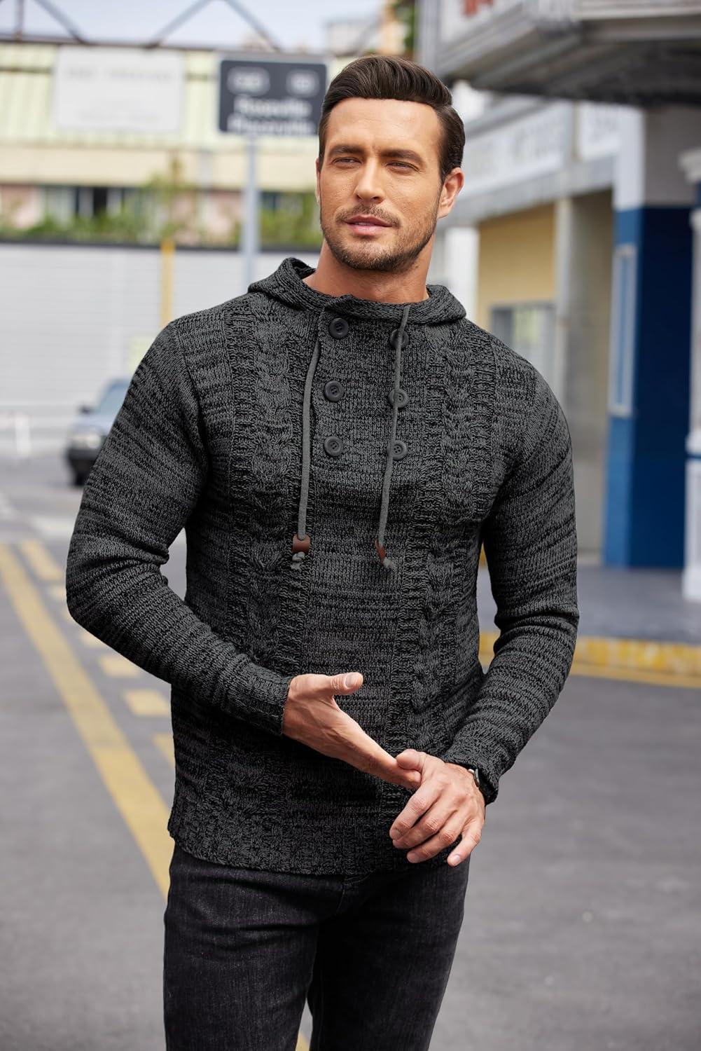 imageCOOFANDY Mens Knitted Hoodies Pullover Casual Long Sleeve Turtleneck SweatersBlack