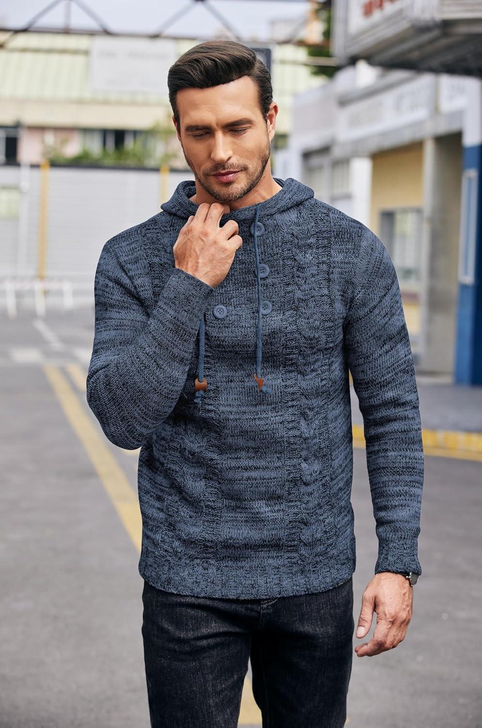 imageCOOFANDY Mens Knitted Hoodies Pullover Casual Long Sleeve Turtleneck SweatersBlue