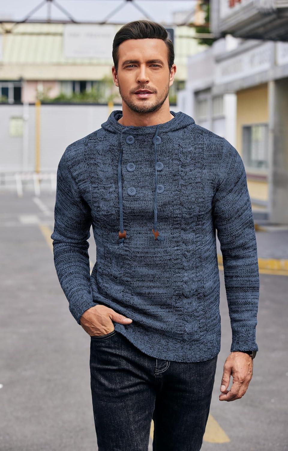imageCOOFANDY Mens Knitted Hoodies Pullover Casual Long Sleeve Turtleneck SweatersBlue