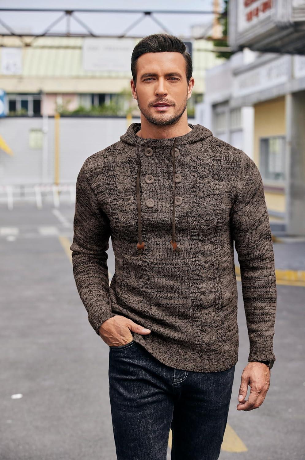 imageCOOFANDY Mens Knitted Hoodies Pullover Casual Long Sleeve Turtleneck SweatersCoffee