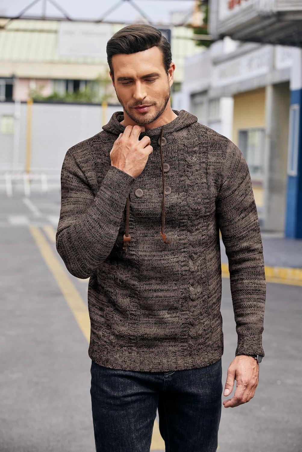 imageCOOFANDY Mens Knitted Hoodies Pullover Casual Long Sleeve Turtleneck SweatersCoffee