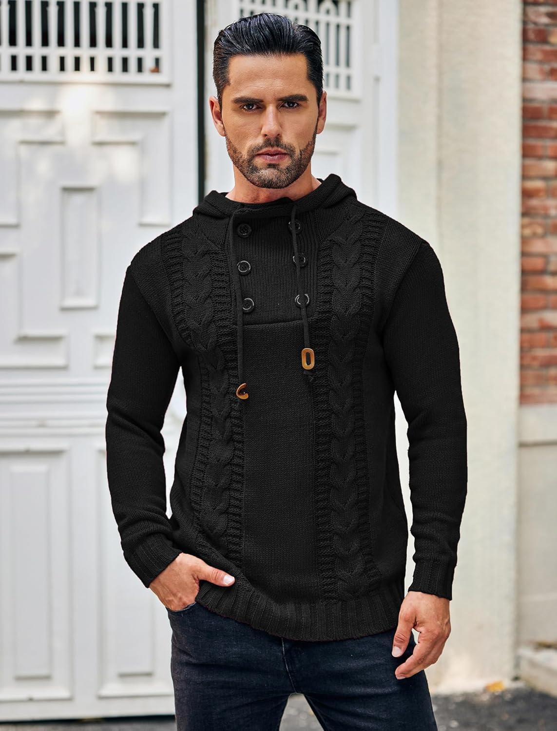 imageCOOFANDY Mens Knitted Hoodies Pullover Casual Long Sleeve Turtleneck SweatersPure Black