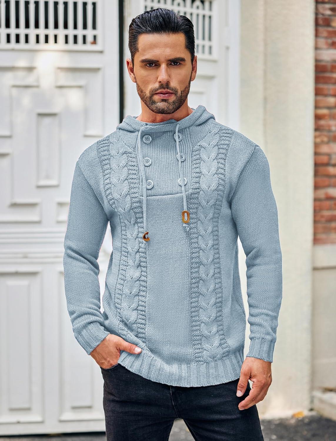 imageCOOFANDY Mens Knitted Hoodies Pullover Casual Long Sleeve Turtleneck SweatersSky Blue