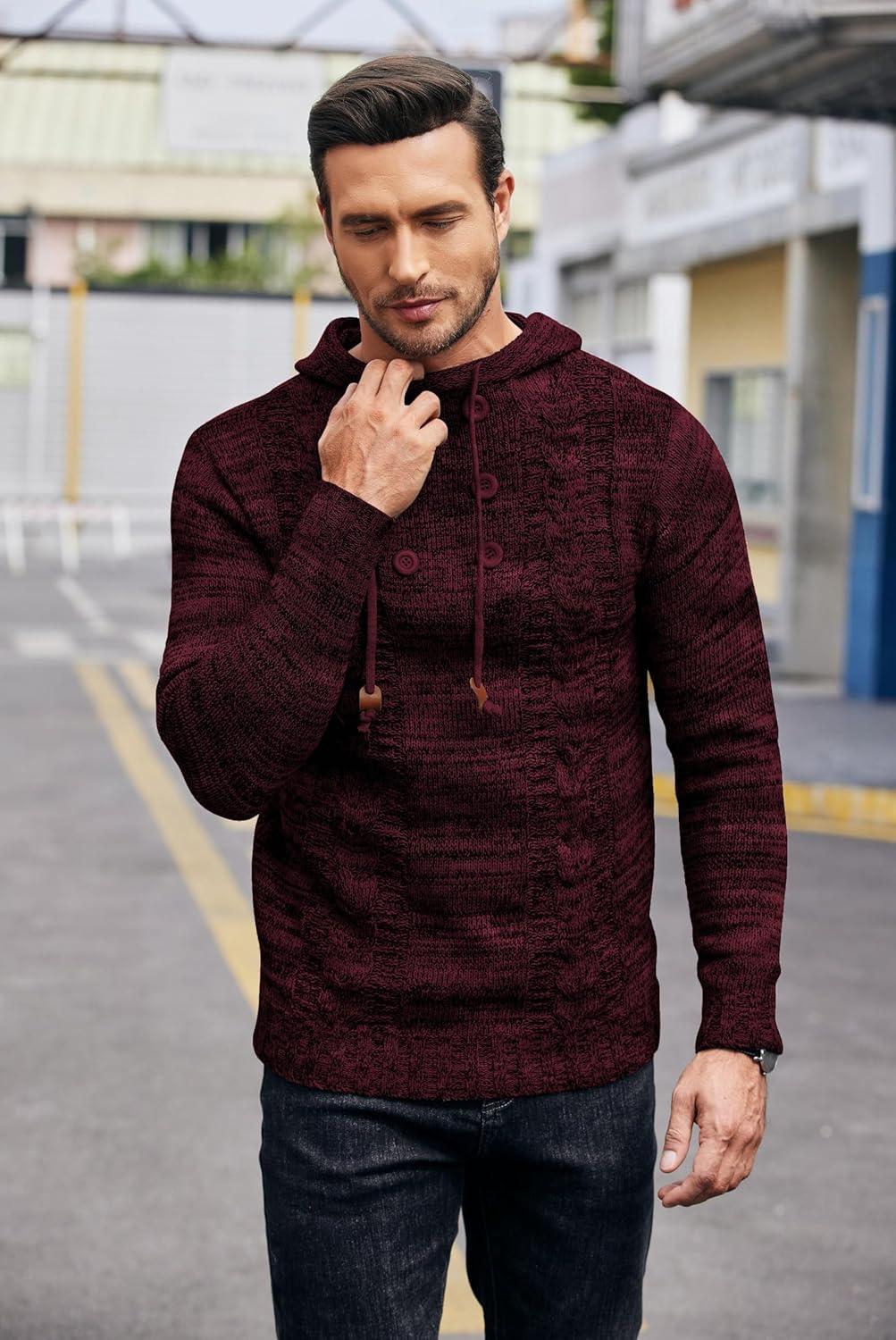 imageCOOFANDY Mens Knitted Hoodies Pullover Casual Long Sleeve Turtleneck SweatersWine Red