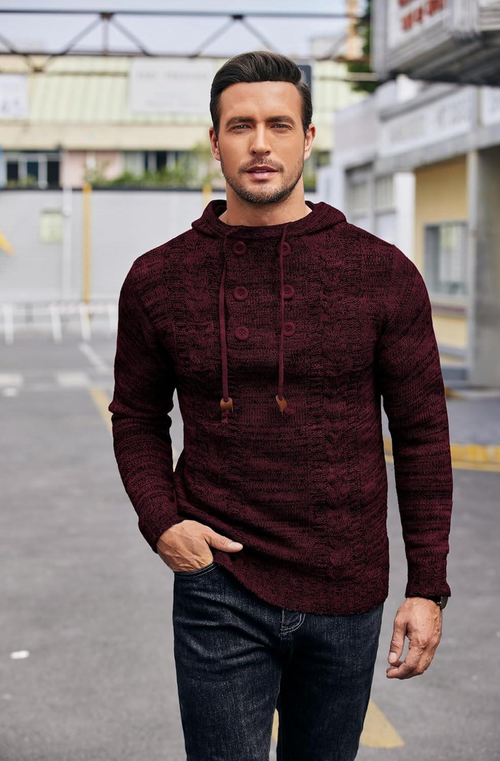 imageCOOFANDY Mens Knitted Hoodies Pullover Casual Long Sleeve Turtleneck SweatersWine Red