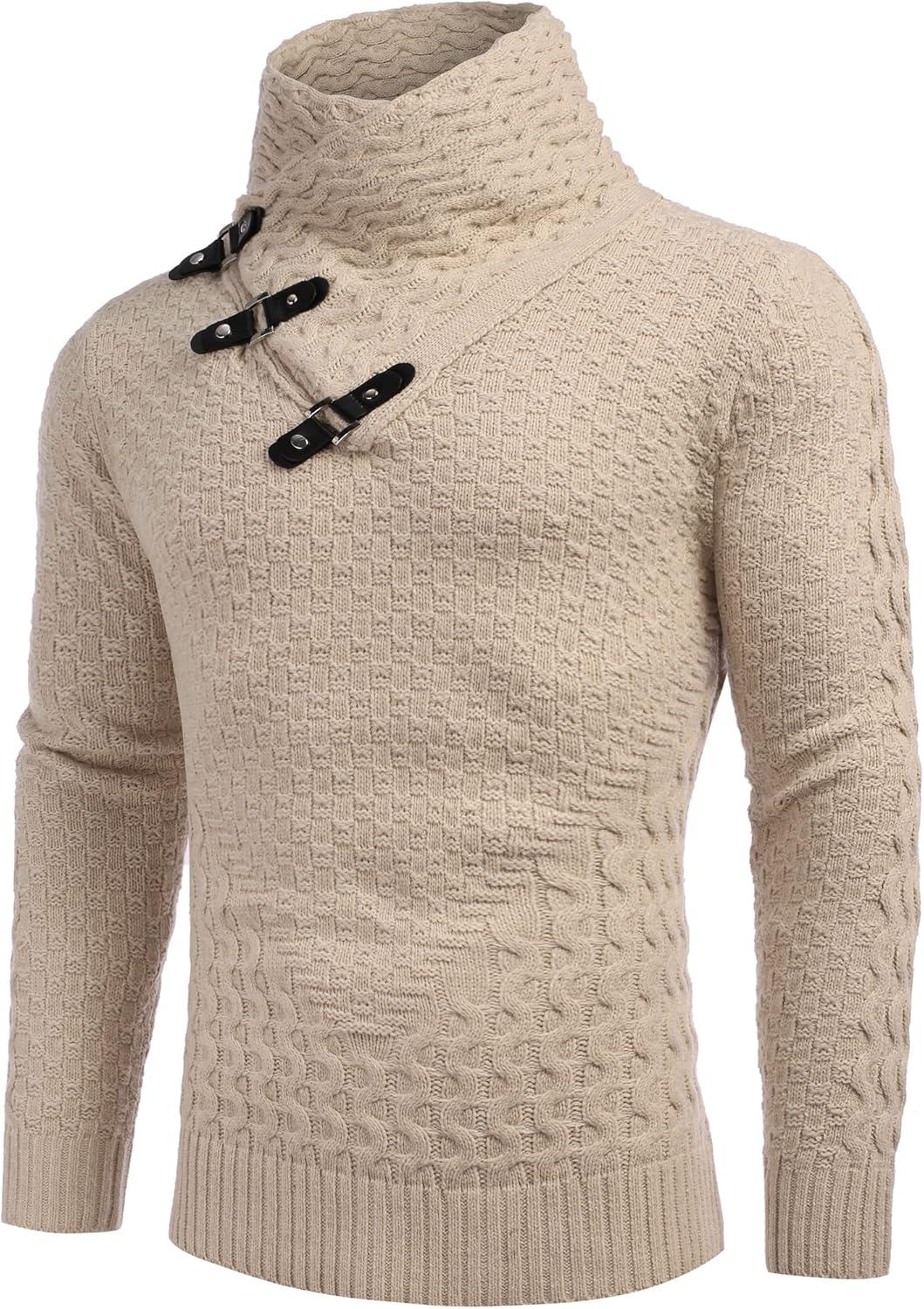 imageCOOFANDY Mens Knitted Turtleneck Sweater Long Sleeve Slim Fit Designer Shawl Collar PulloverA Apricot