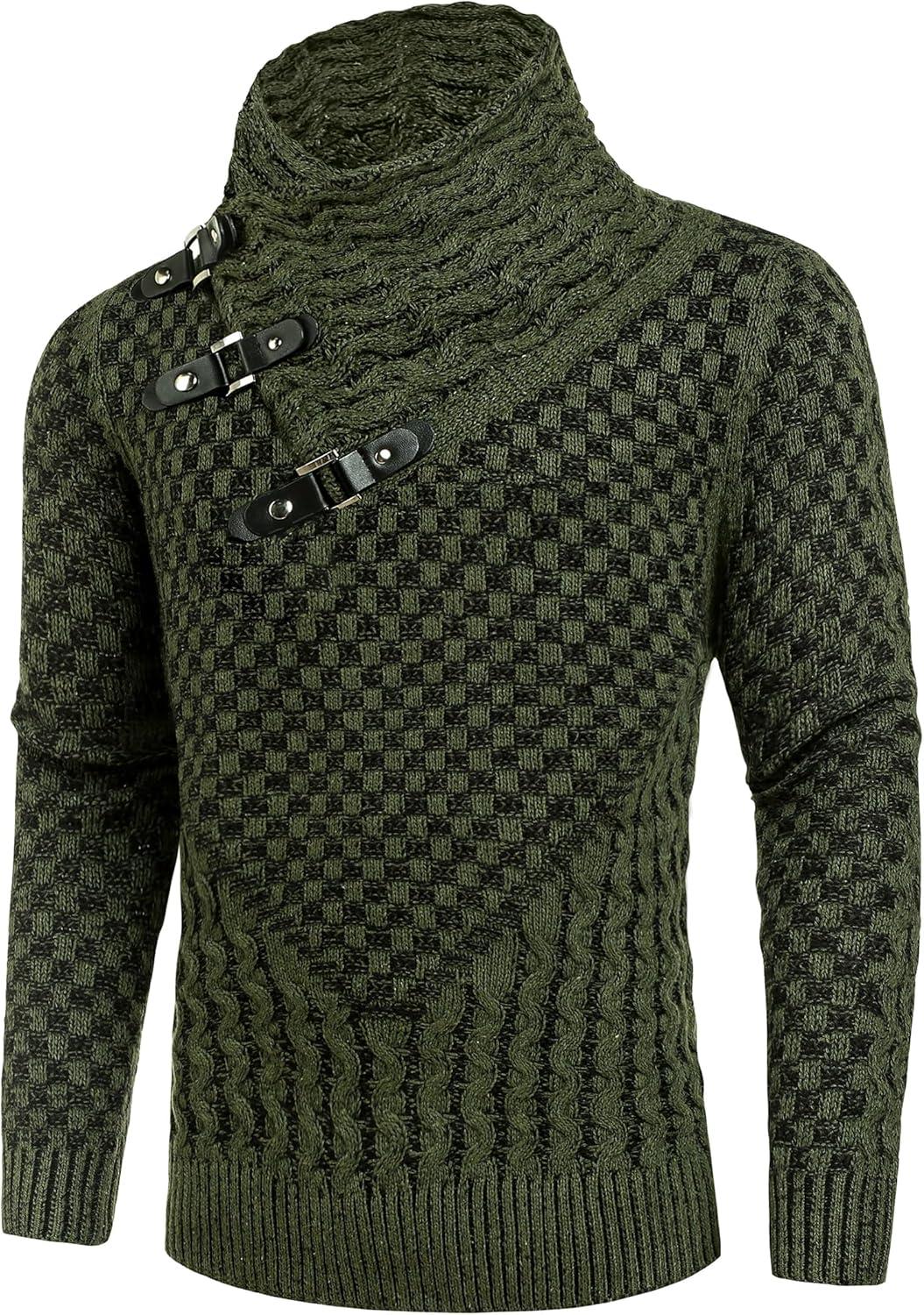 imageCOOFANDY Mens Knitted Turtleneck Sweater Long Sleeve Slim Fit Designer Shawl Collar PulloverA Army Green