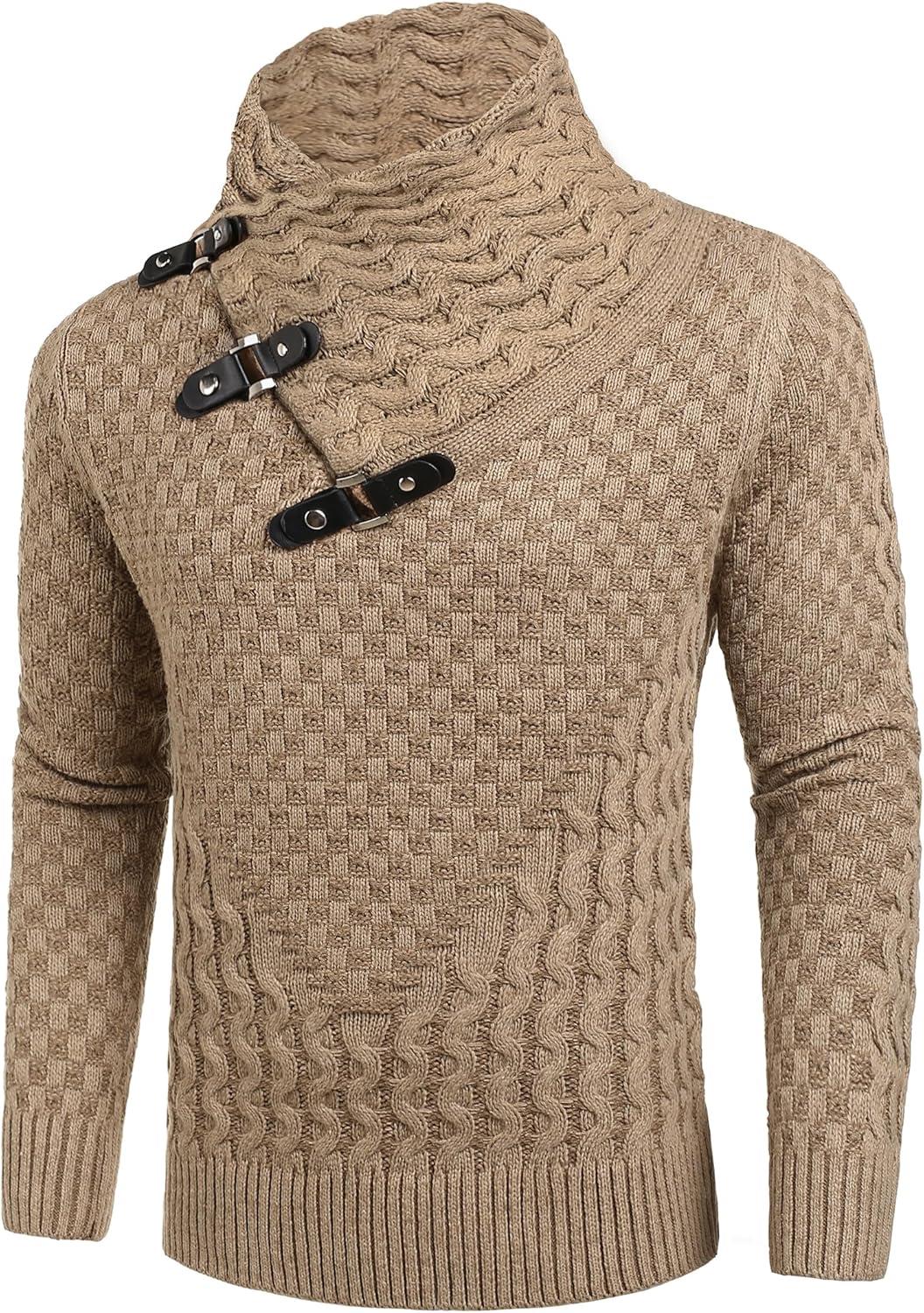 imageCOOFANDY Mens Knitted Turtleneck Sweater Long Sleeve Slim Fit Designer Shawl Collar PulloverA Khaki