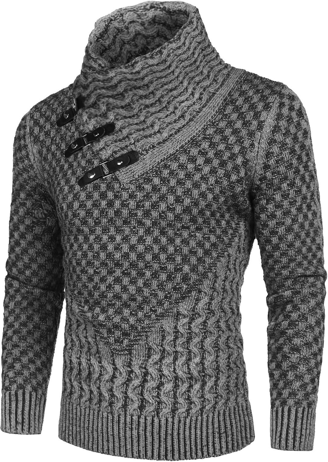 imageCOOFANDY Mens Knitted Turtleneck Sweater Long Sleeve Slim Fit Designer Shawl Collar PulloverA Light Grey