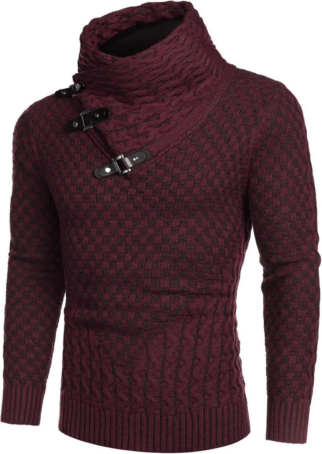 imageCOOFANDY Mens Knitted Turtleneck Sweater Long Sleeve Slim Fit Designer Shawl Collar PulloverA Wine Red