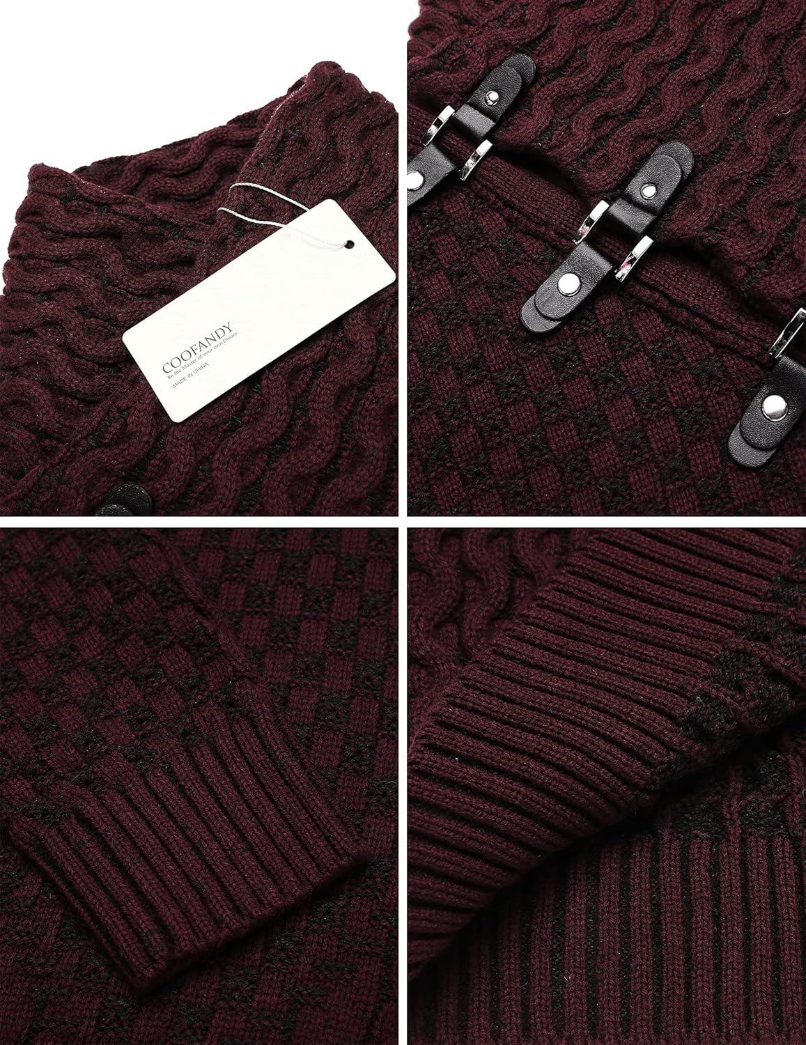imageCOOFANDY Mens Knitted Turtleneck Sweater Long Sleeve Slim Fit Designer Shawl Collar PulloverA Wine Red