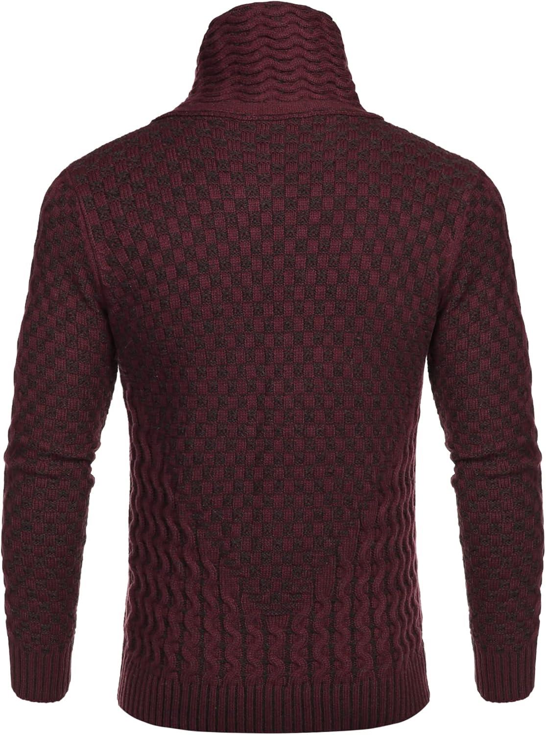 imageCOOFANDY Mens Knitted Turtleneck Sweater Long Sleeve Slim Fit Designer Shawl Collar PulloverA Wine Red