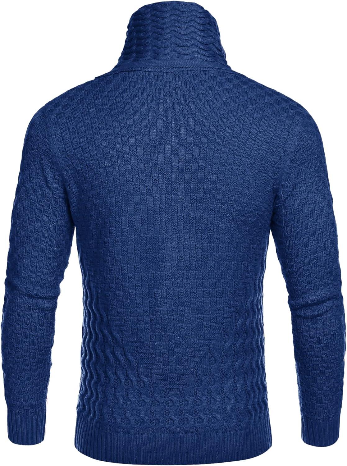 imageCOOFANDY Mens Knitted Turtleneck Sweater Long Sleeve Slim Fit Designer Shawl Collar PulloverNavy Blue