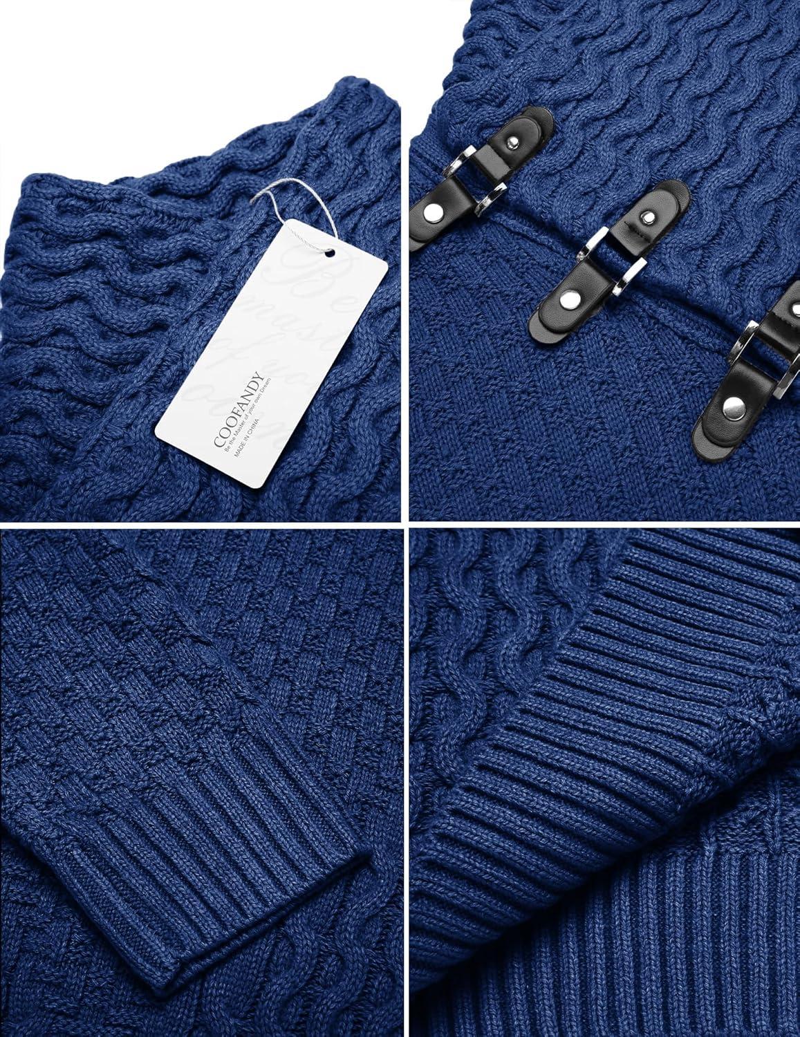 imageCOOFANDY Mens Knitted Turtleneck Sweater Long Sleeve Slim Fit Designer Shawl Collar PulloverNavy Blue