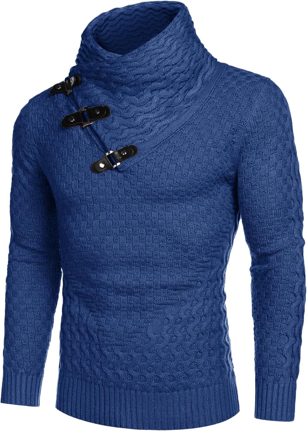 imageCOOFANDY Mens Knitted Turtleneck Sweater Long Sleeve Slim Fit Designer Shawl Collar PulloverNavy Blue