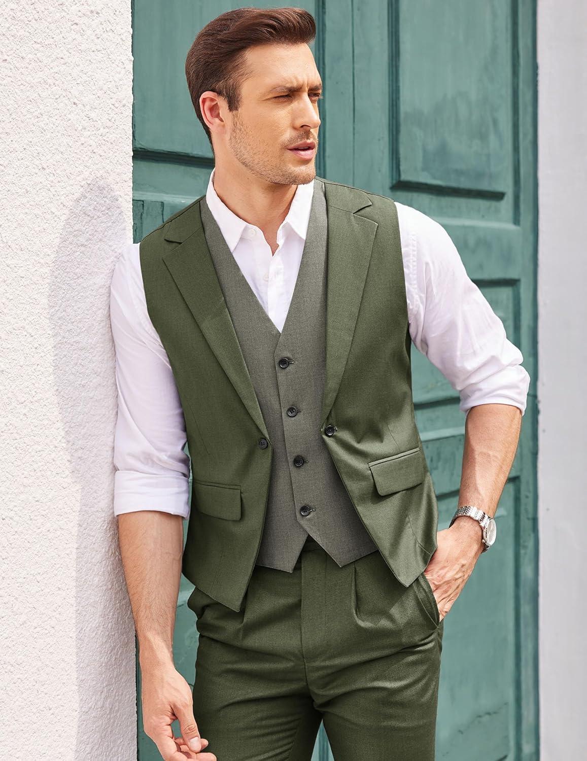 imageCOOFANDY Mens Layered Suit Vest Business Dress Vests Formal Wedding Waistcoat Slim FitArmy Green