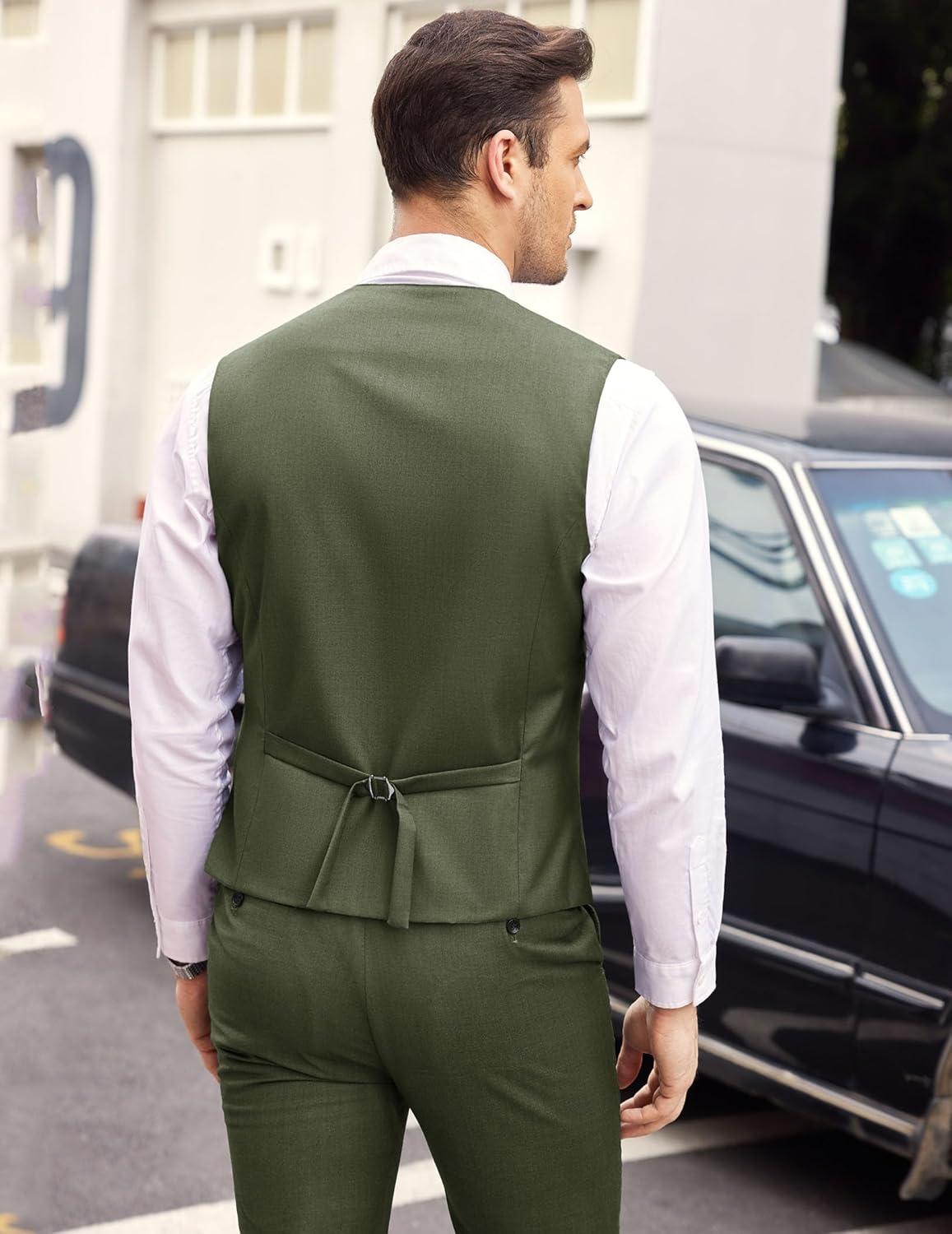 imageCOOFANDY Mens Layered Suit Vest Business Dress Vests Formal Wedding Waistcoat Slim FitArmy Green