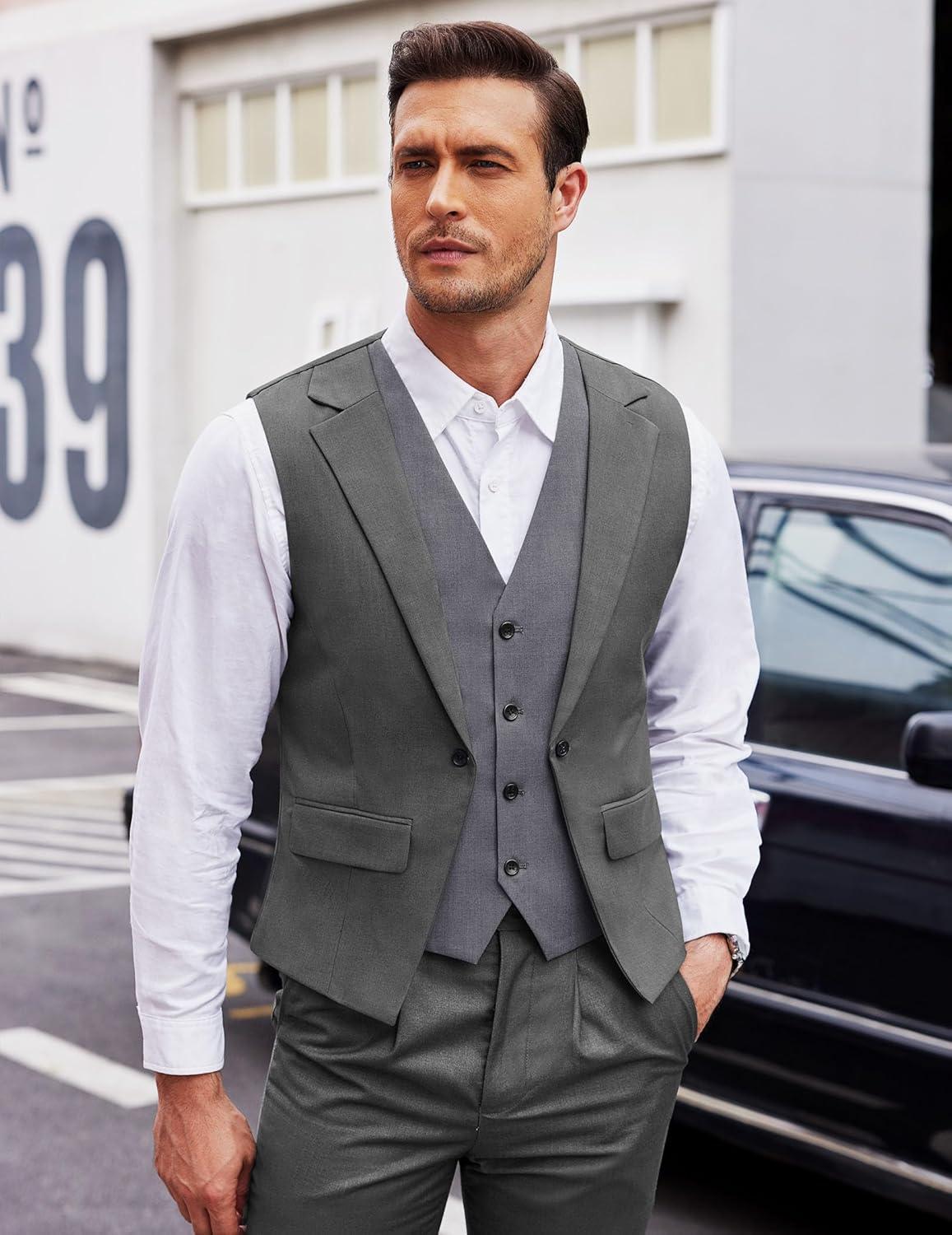 imageCOOFANDY Mens Layered Suit Vest Business Dress Vests Formal Wedding Waistcoat Slim FitDark Gray