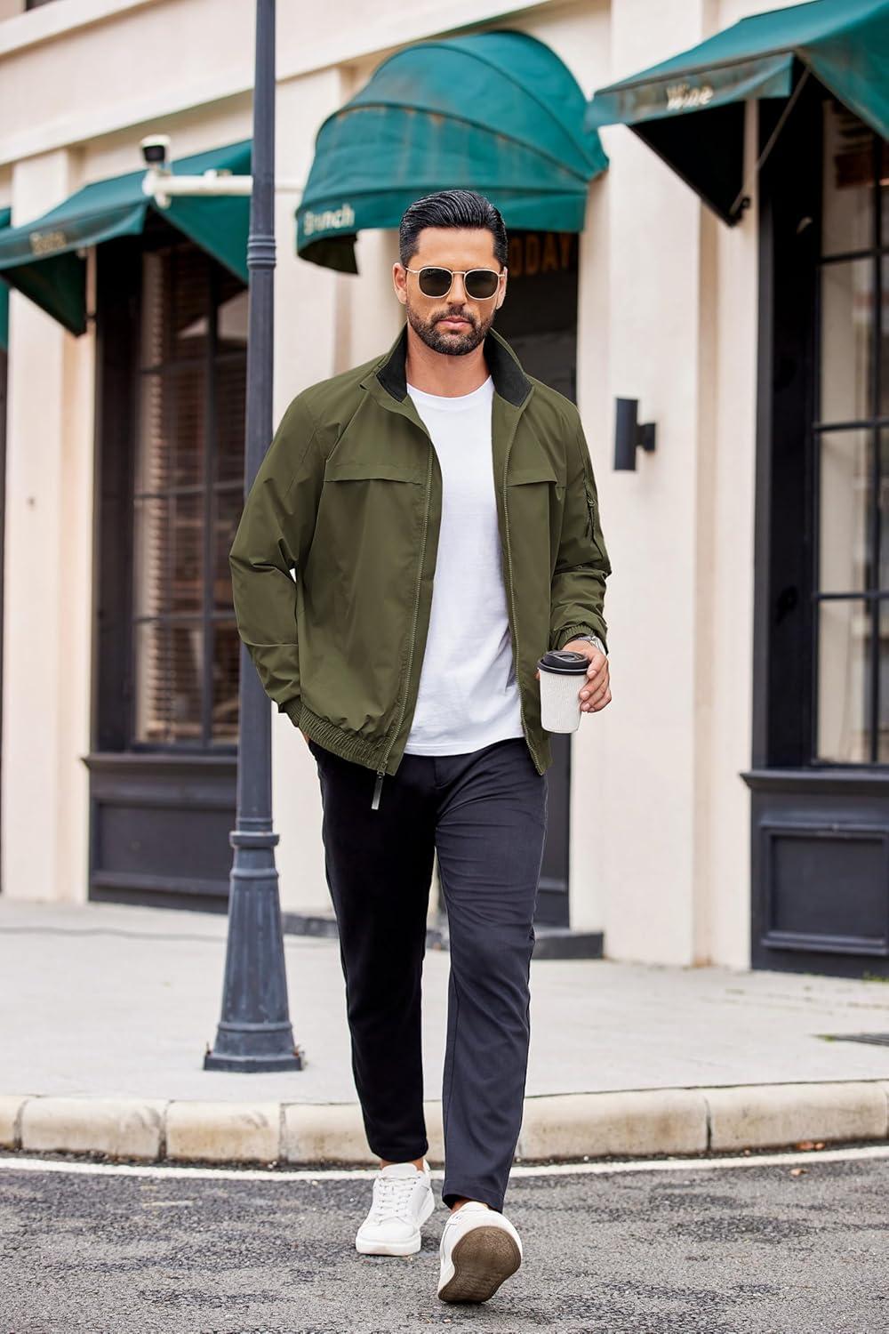 imageCOOFANDY Mens Lightweight Bomber Jackets Stand Collar Windbreaker Softshell Jacket Zip Up Coat for Fall OutdoorArmy Green