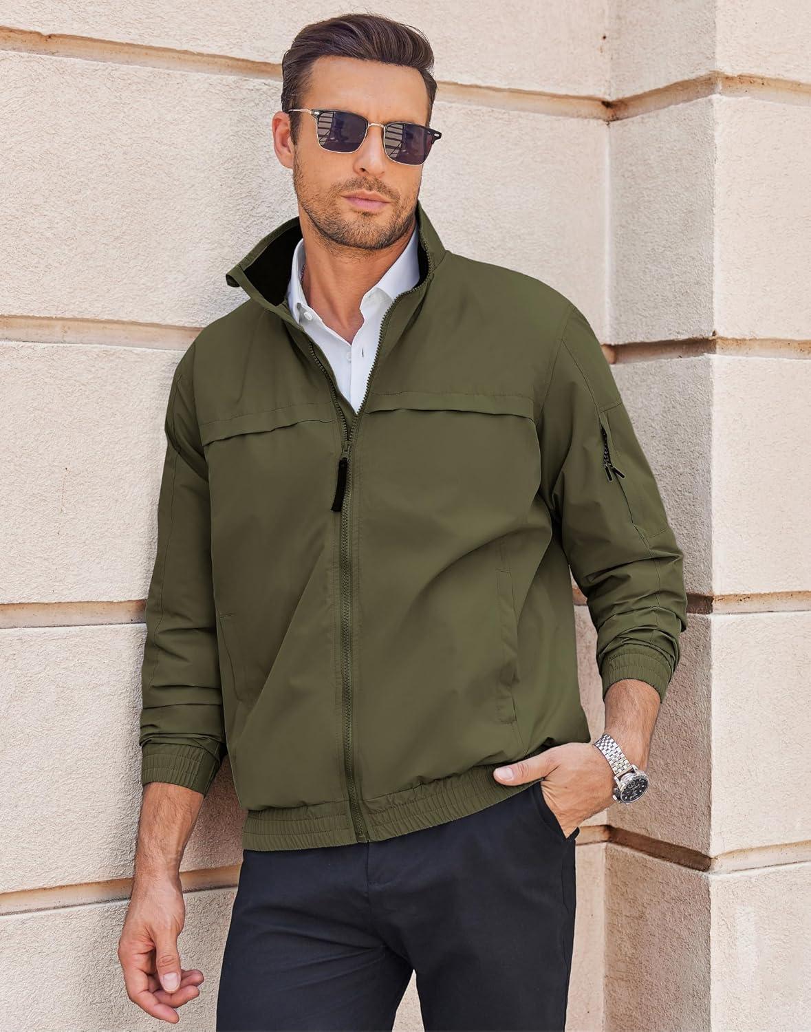 imageCOOFANDY Mens Lightweight Bomber Jackets Stand Collar Windbreaker Softshell Jacket Zip Up Coat for Fall OutdoorArmy Green