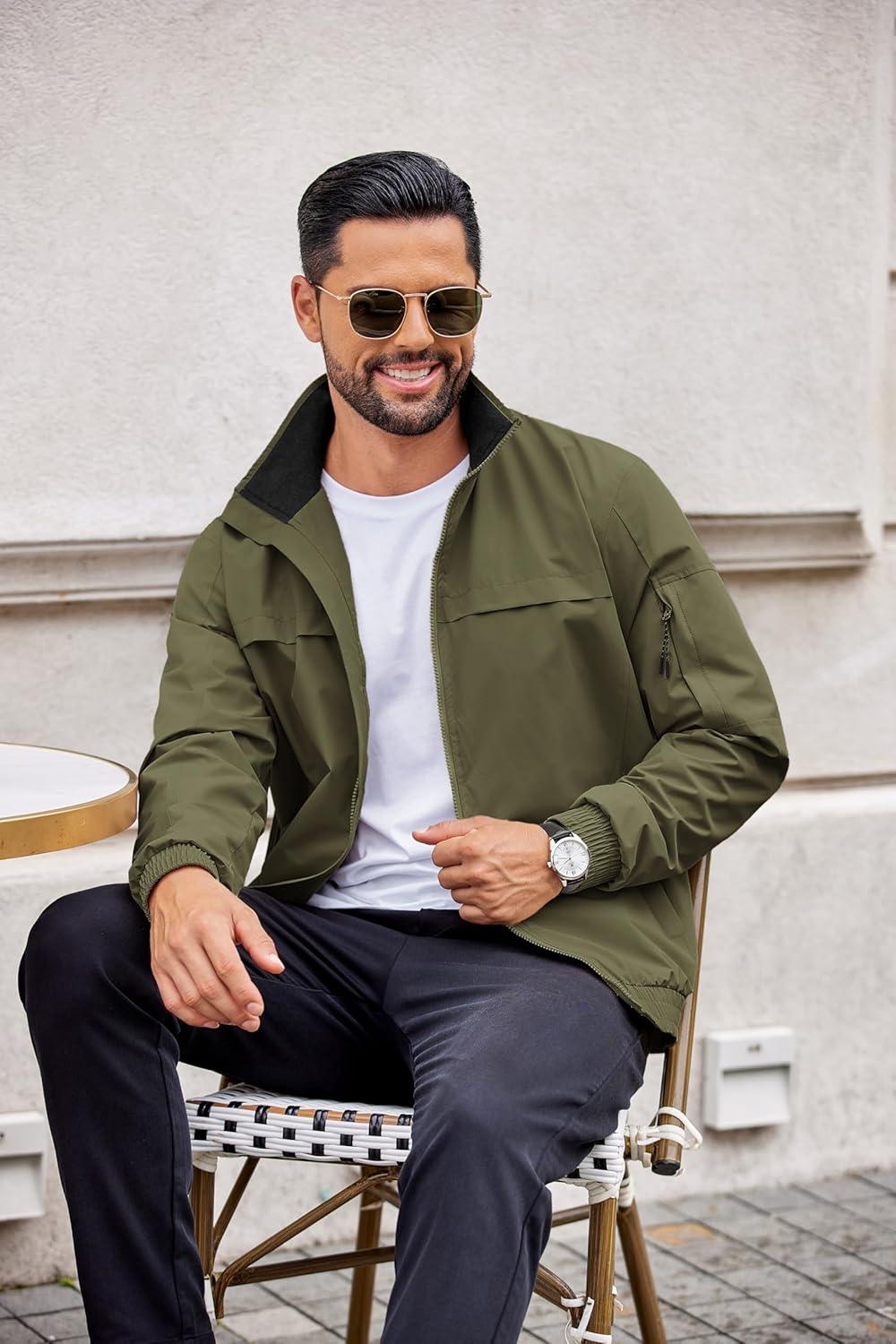 imageCOOFANDY Mens Lightweight Bomber Jackets Stand Collar Windbreaker Softshell Jacket Zip Up Coat for Fall OutdoorArmy Green