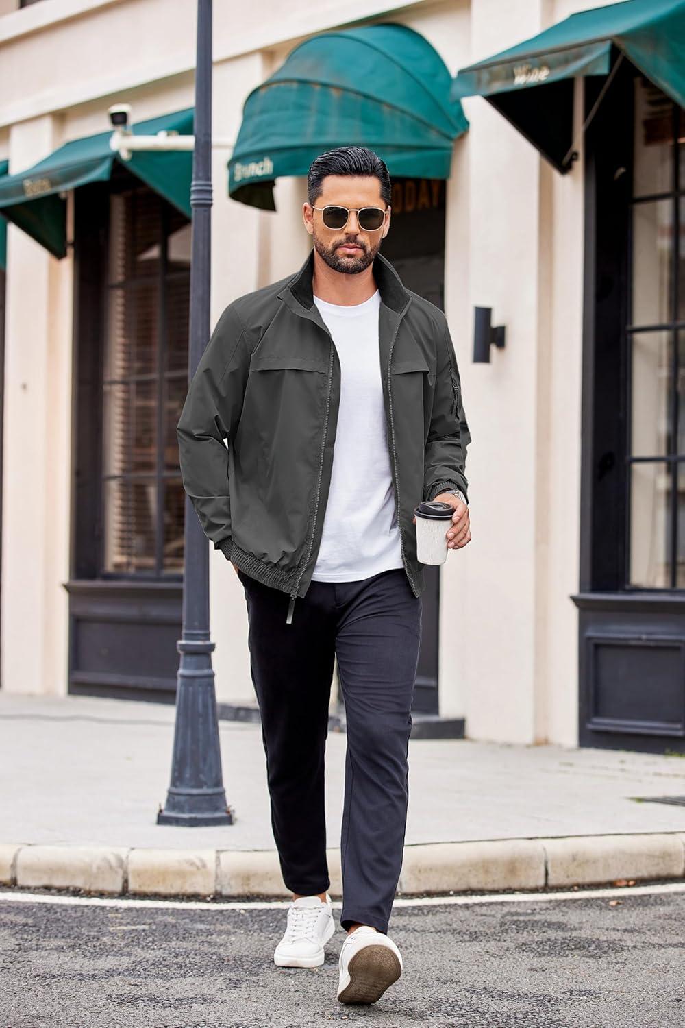 imageCOOFANDY Mens Lightweight Bomber Jackets Stand Collar Windbreaker Softshell Jacket Zip Up Coat for Fall OutdoorDark Gray