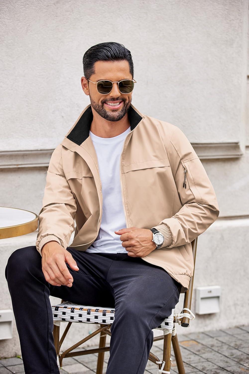 imageCOOFANDY Mens Lightweight Bomber Jackets Stand Collar Windbreaker Softshell Jacket Zip Up Coat for Fall OutdoorKhaki