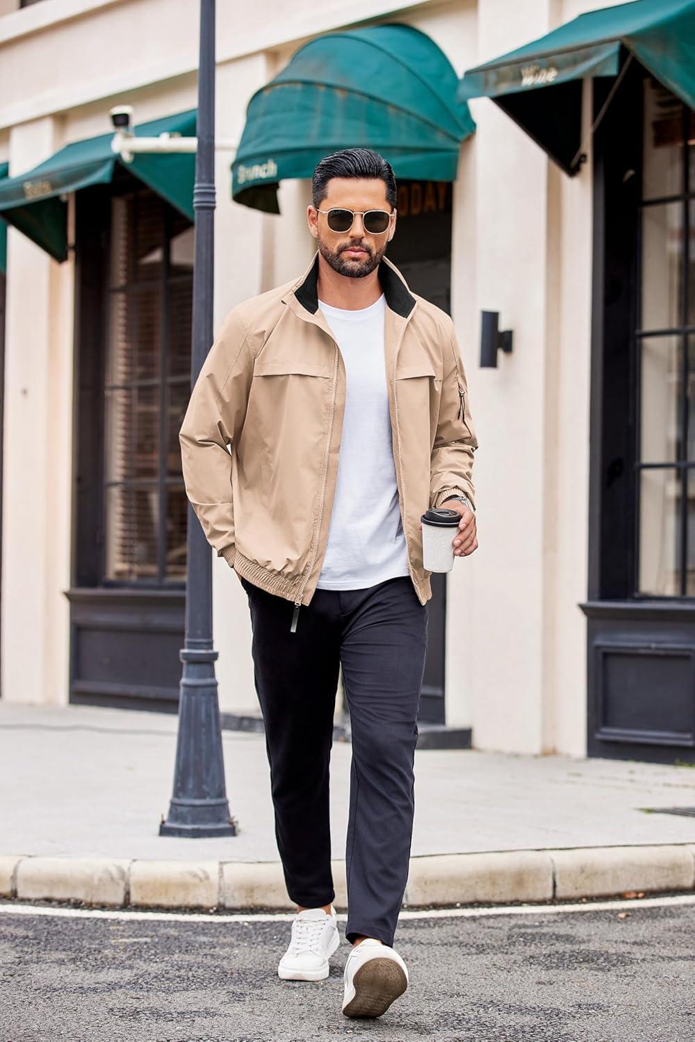 imageCOOFANDY Mens Lightweight Bomber Jackets Stand Collar Windbreaker Softshell Jacket Zip Up Coat for Fall OutdoorKhaki