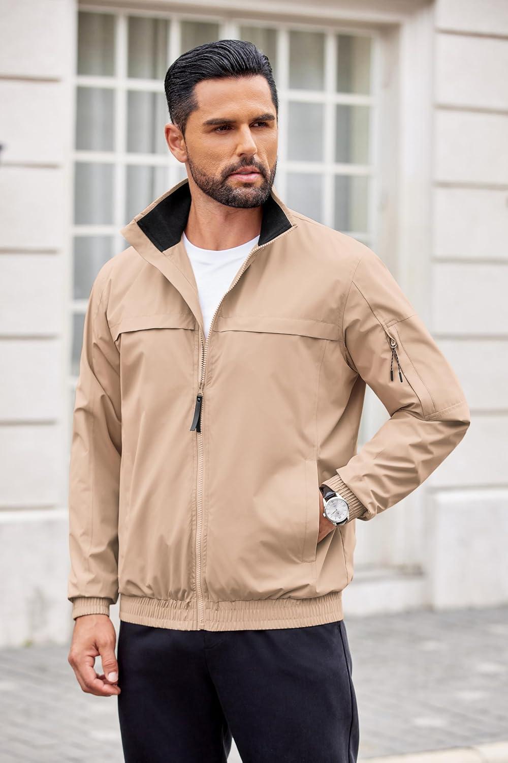 imageCOOFANDY Mens Lightweight Bomber Jackets Stand Collar Windbreaker Softshell Jacket Zip Up Coat for Fall OutdoorKhaki