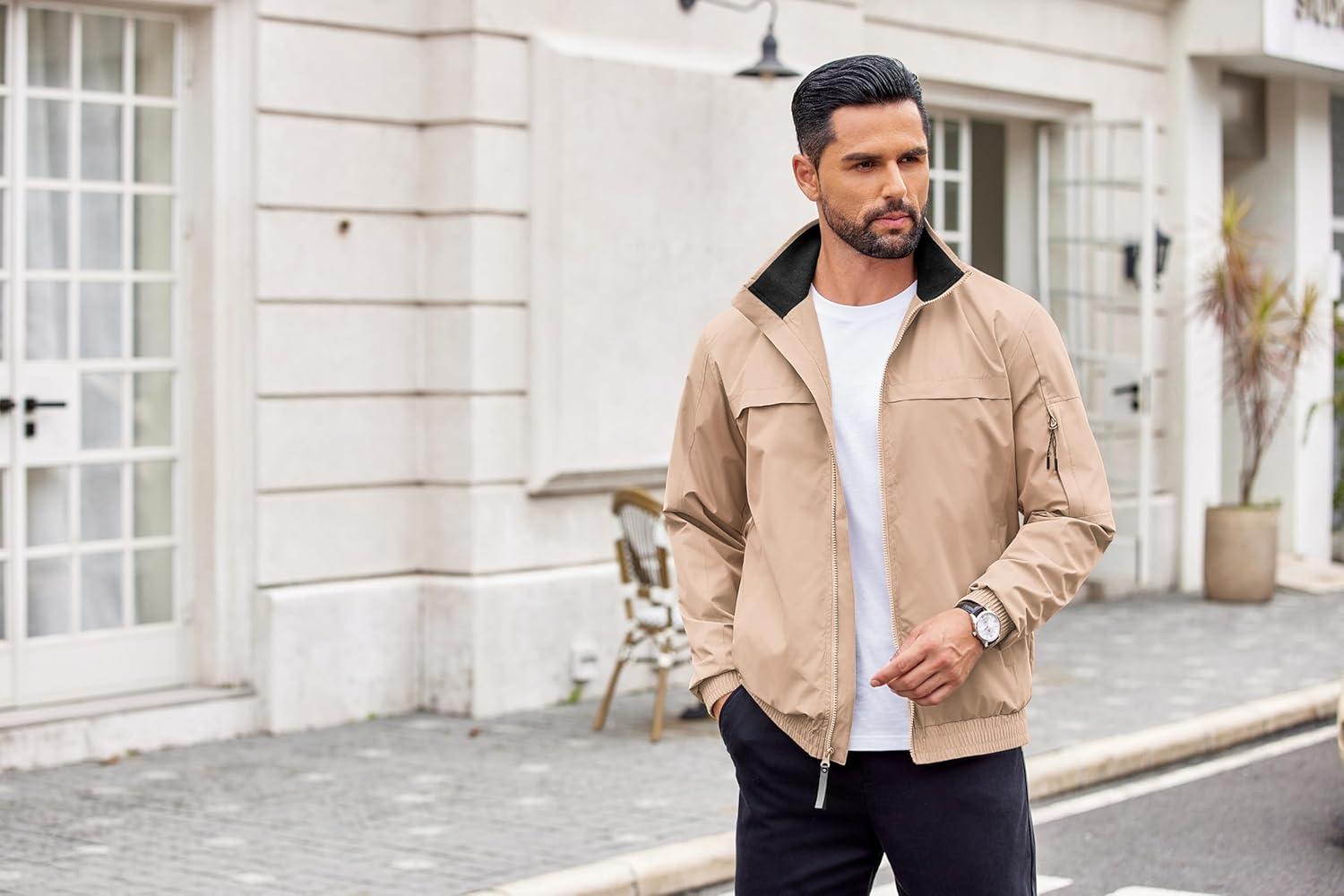 imageCOOFANDY Mens Lightweight Bomber Jackets Stand Collar Windbreaker Softshell Jacket Zip Up Coat for Fall OutdoorKhaki