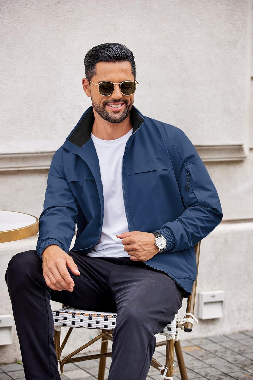 imageCOOFANDY Mens Lightweight Bomber Jackets Stand Collar Windbreaker Softshell Jacket Zip Up Coat for Fall OutdoorNavy Blue