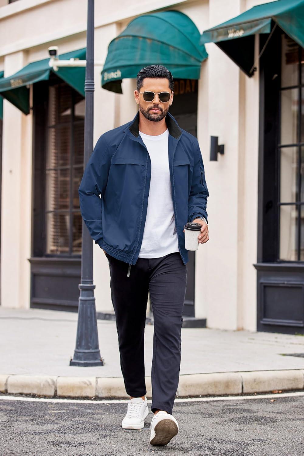 imageCOOFANDY Mens Lightweight Bomber Jackets Stand Collar Windbreaker Softshell Jacket Zip Up Coat for Fall OutdoorNavy Blue