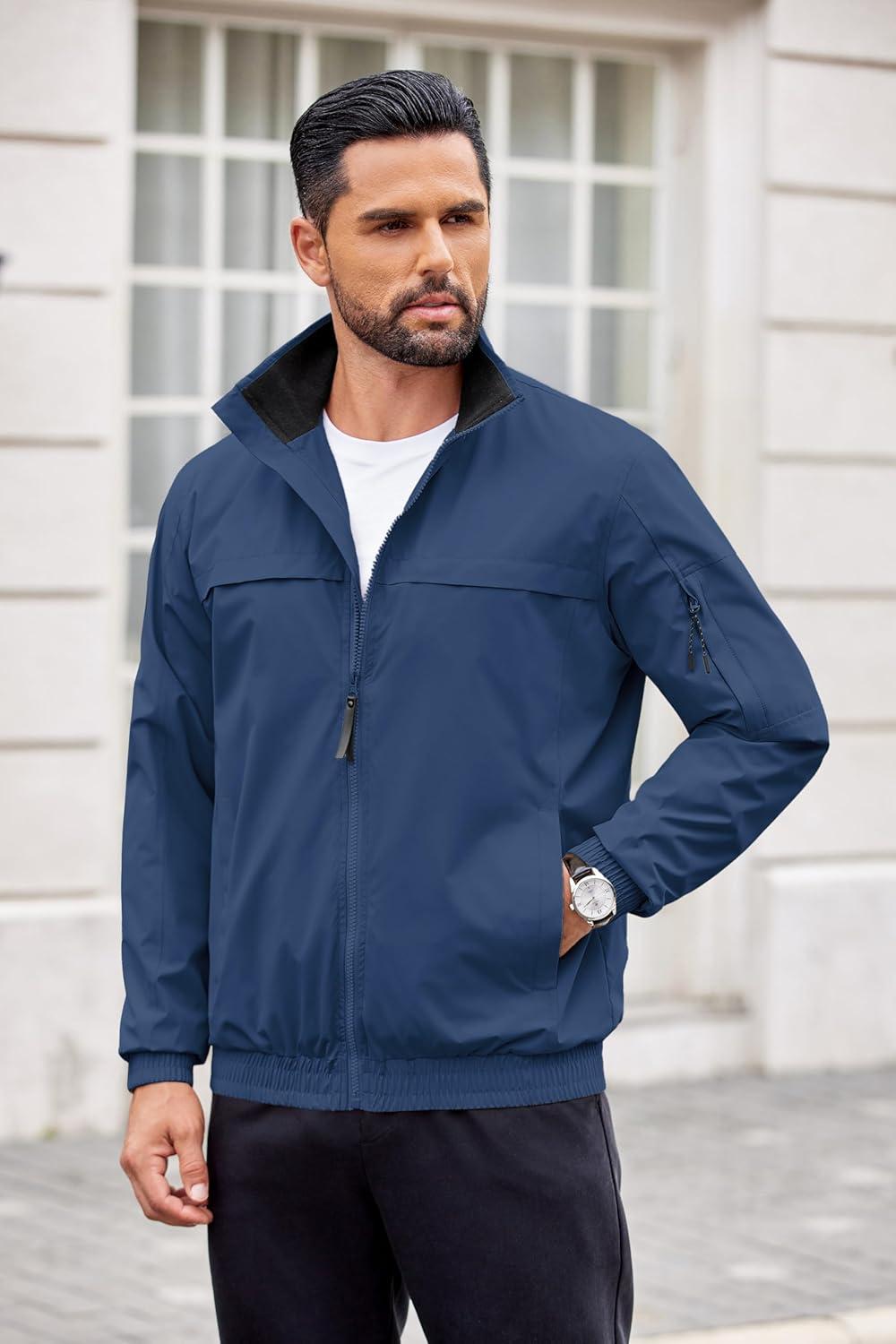 imageCOOFANDY Mens Lightweight Bomber Jackets Stand Collar Windbreaker Softshell Jacket Zip Up Coat for Fall OutdoorNavy Blue